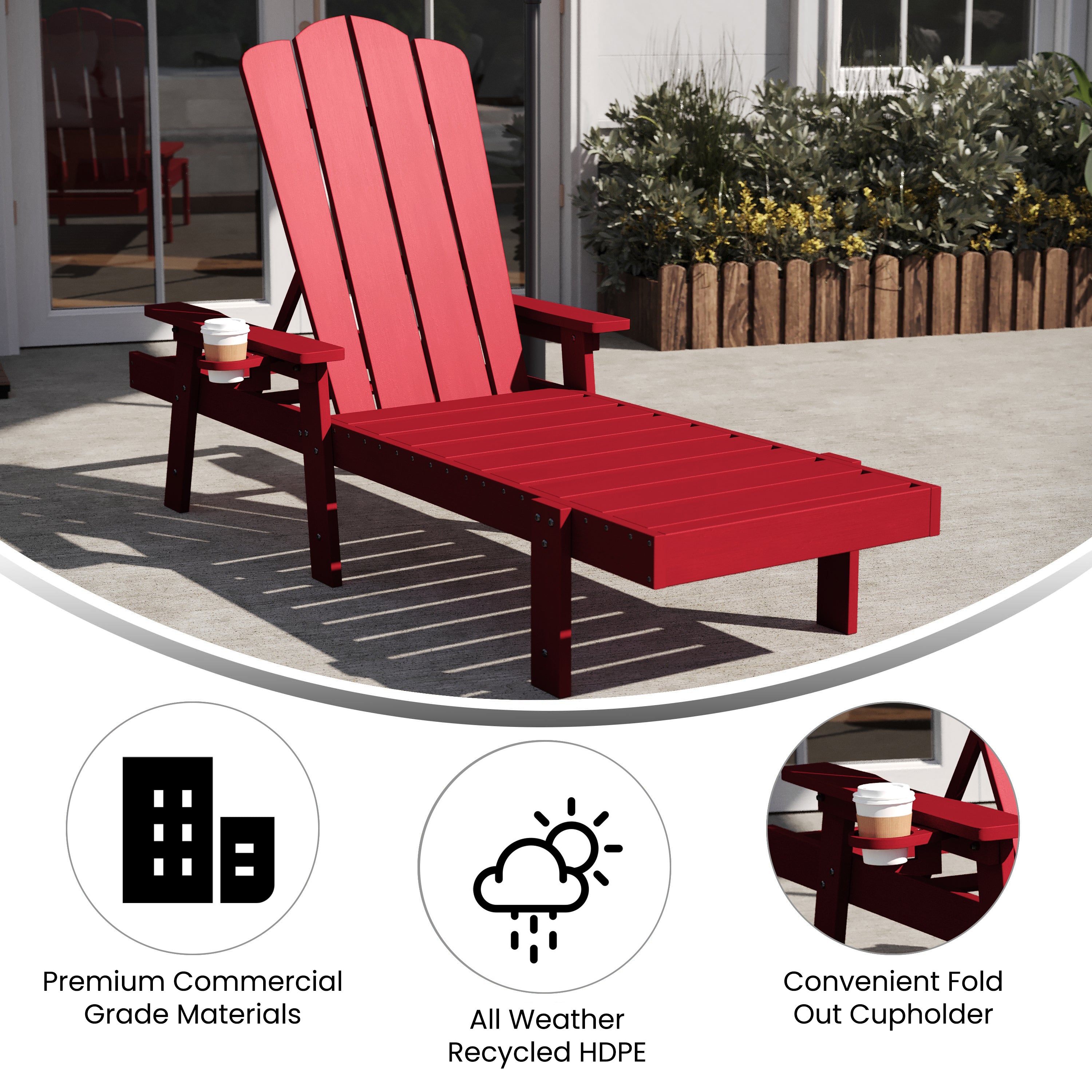 Sonora Commercial Grade Adjustable Adirondack Lounger with Cup Holder, All-Weather Indoor/Outdoor Recycled HDPE Lounge Chair in Red