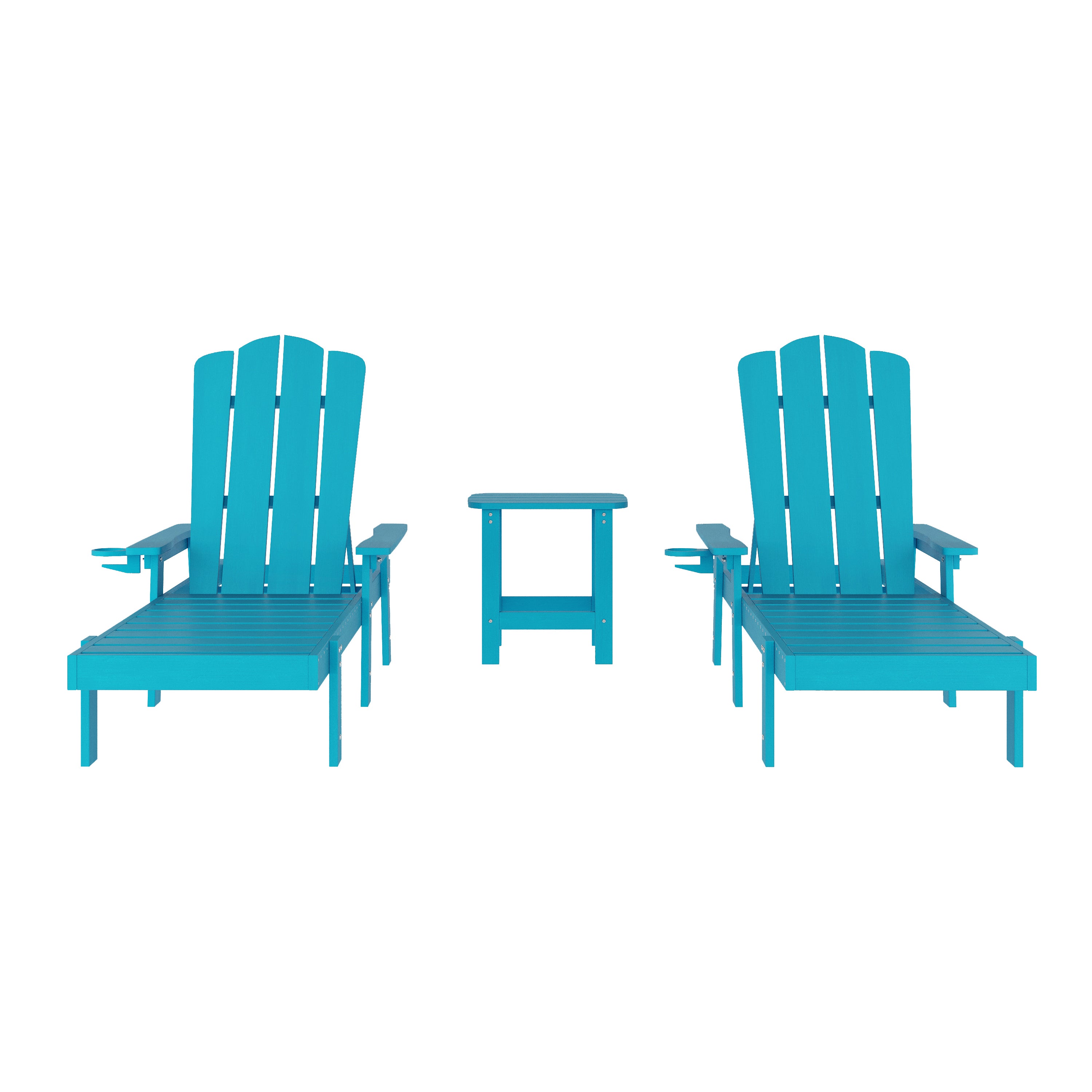 Sonora Commercial Grade 3 Piece Indoor/Outdoor Adirondack Set with 2 Adjustable HDPE Loungers with Cup Holders and 2-Tier Side Table in Blue