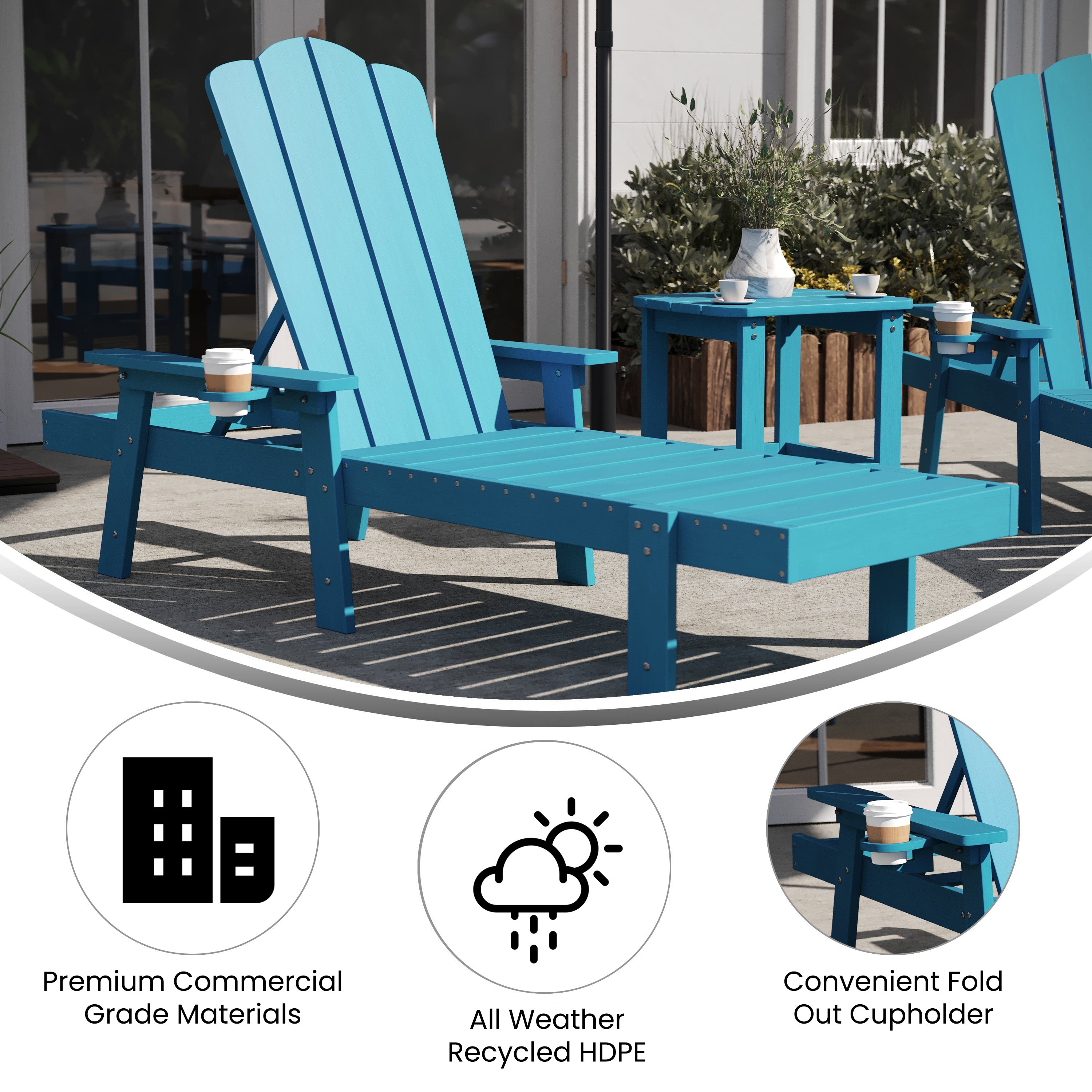 Sonora Commercial Grade 3 Piece Indoor/Outdoor Adirondack Set with 2 Adjustable HDPE Loungers with Cup Holders and 2-Tier Side Table in Blue