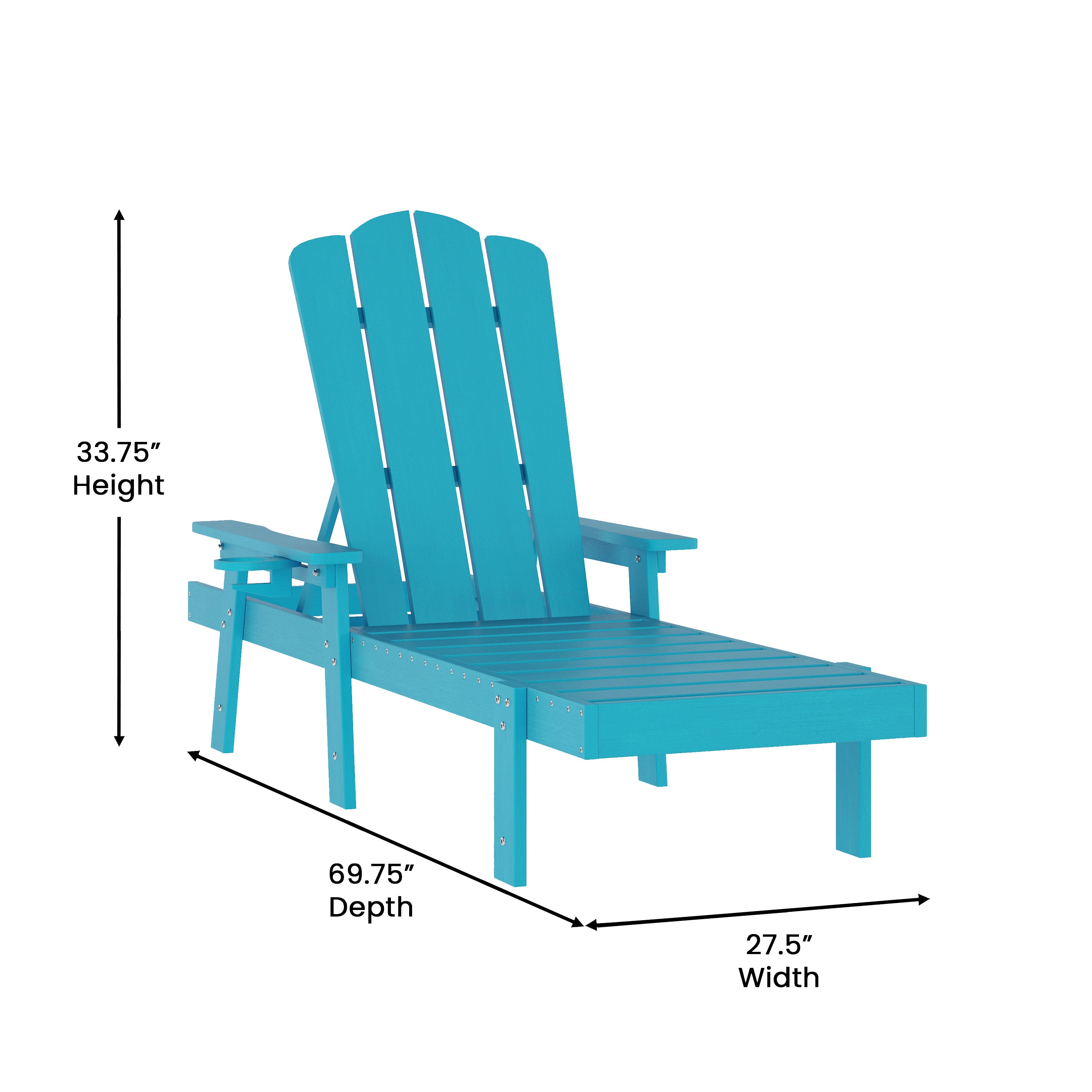 Sonora Commercial Grade 3 Piece Indoor/Outdoor Adirondack Set with 2 Adjustable HDPE Loungers with Cup Holders and 2-Tier Side Table in Blue