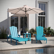 Sonora Commercial Grade 3 Piece Indoor/Outdoor Adirondack Set with 2 Adjustable HDPE Loungers with Cup Holders and 2-Tier Side Table in Blue