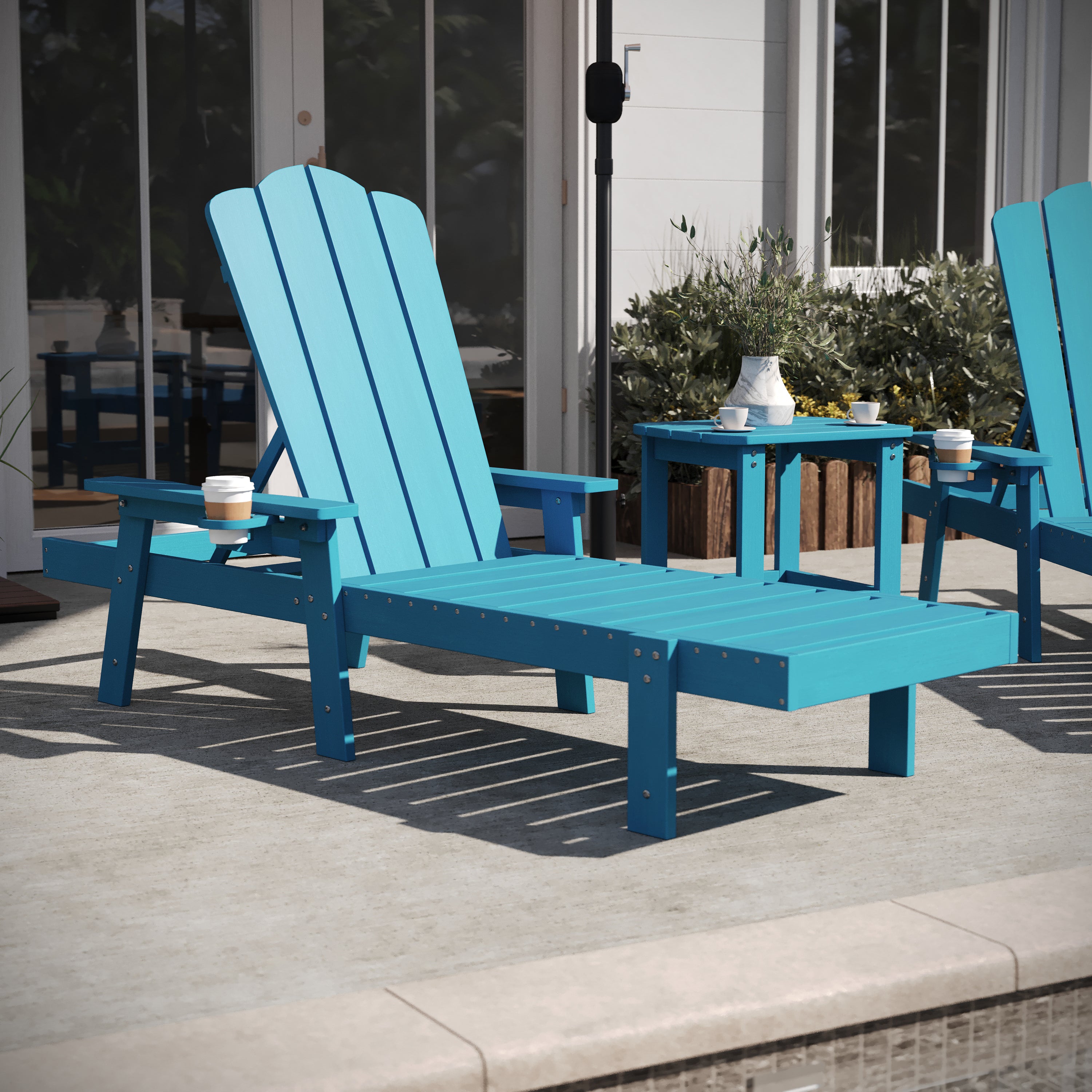 Sonora Commercial Grade 3 Piece Indoor/Outdoor Adirondack Set with 2 Adjustable HDPE Loungers with Cup Holders and 2-Tier Side Table in Blue