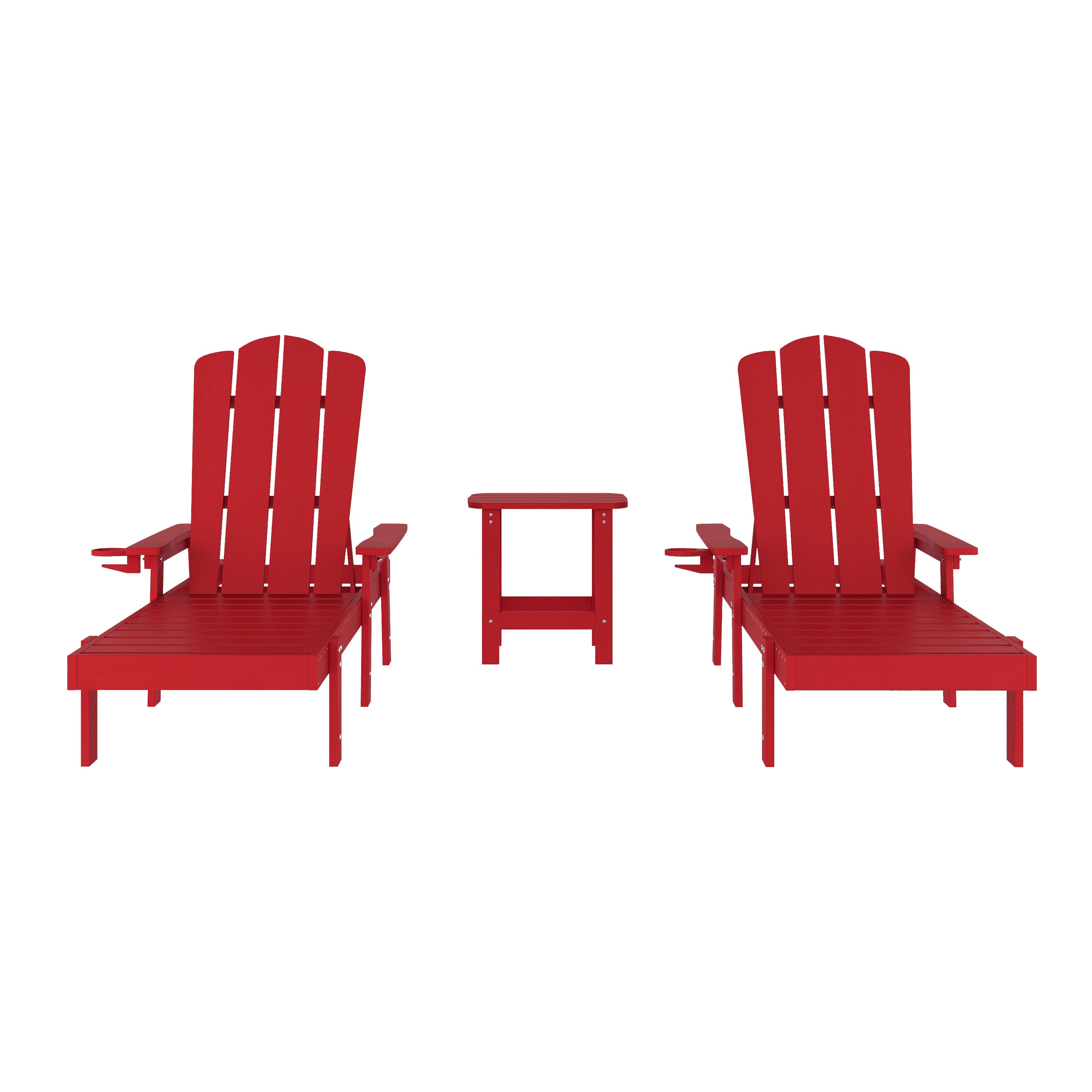 Sonora Commercial Grade 3 Piece Indoor/Outdoor Adirondack Set with 2 Adjustable HDPE Loungers with Cup Holders and 2-Tier Side Table in Red