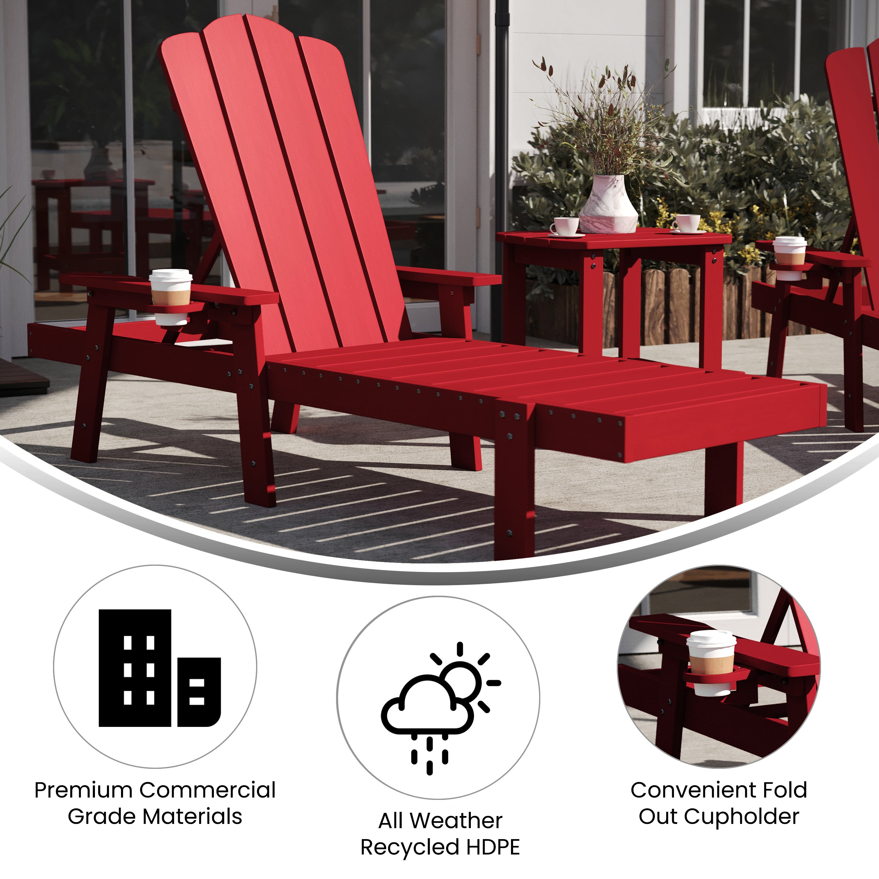 Sonora Commercial Grade 3 Piece Indoor/Outdoor Adirondack Set with 2 Adjustable HDPE Loungers with Cup Holders and 2-Tier Side Table in Red