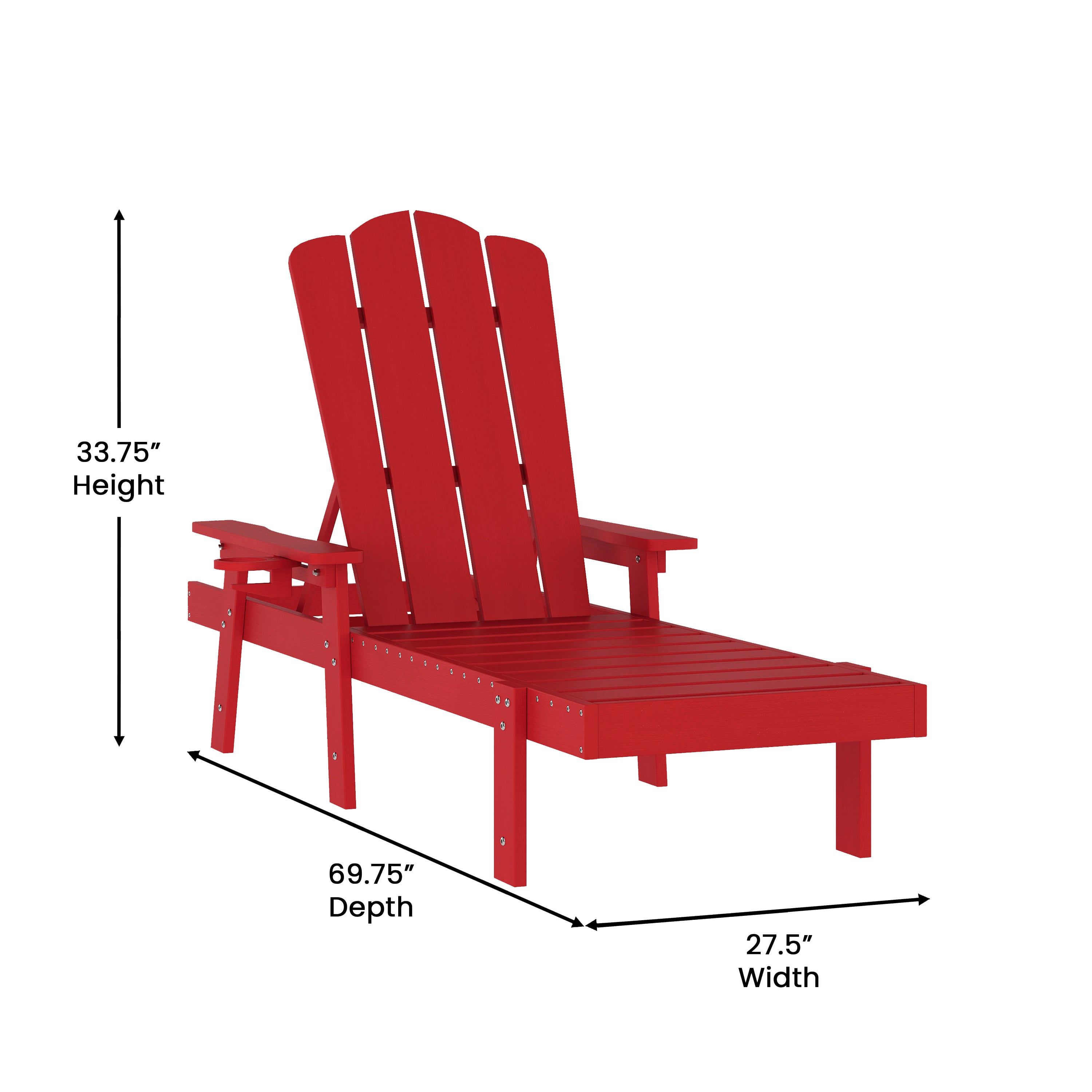 Sonora Commercial Grade 3 Piece Indoor/Outdoor Adirondack Set with 2 Adjustable HDPE Loungers with Cup Holders and 2-Tier Side Table in Red