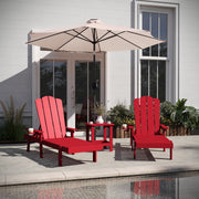 Sonora Commercial Grade 3 Piece Indoor/Outdoor Adirondack Set with 2 Adjustable HDPE Loungers with Cup Holders and 2-Tier Side Table in Red