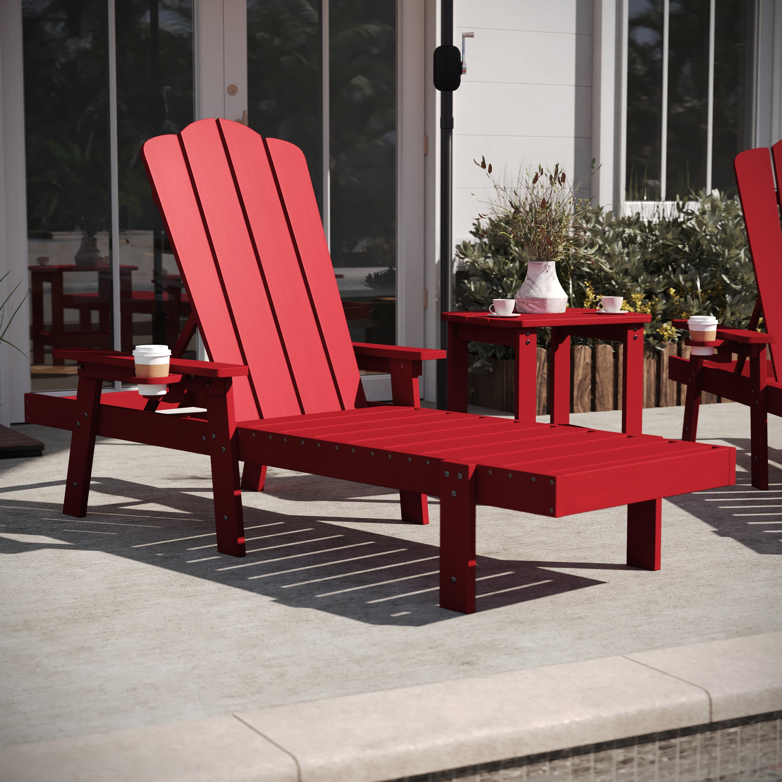 Sonora Commercial Grade 3 Piece Indoor/Outdoor Adirondack Set with 2 Adjustable HDPE Loungers with Cup Holders and 2-Tier Side Table in Red
