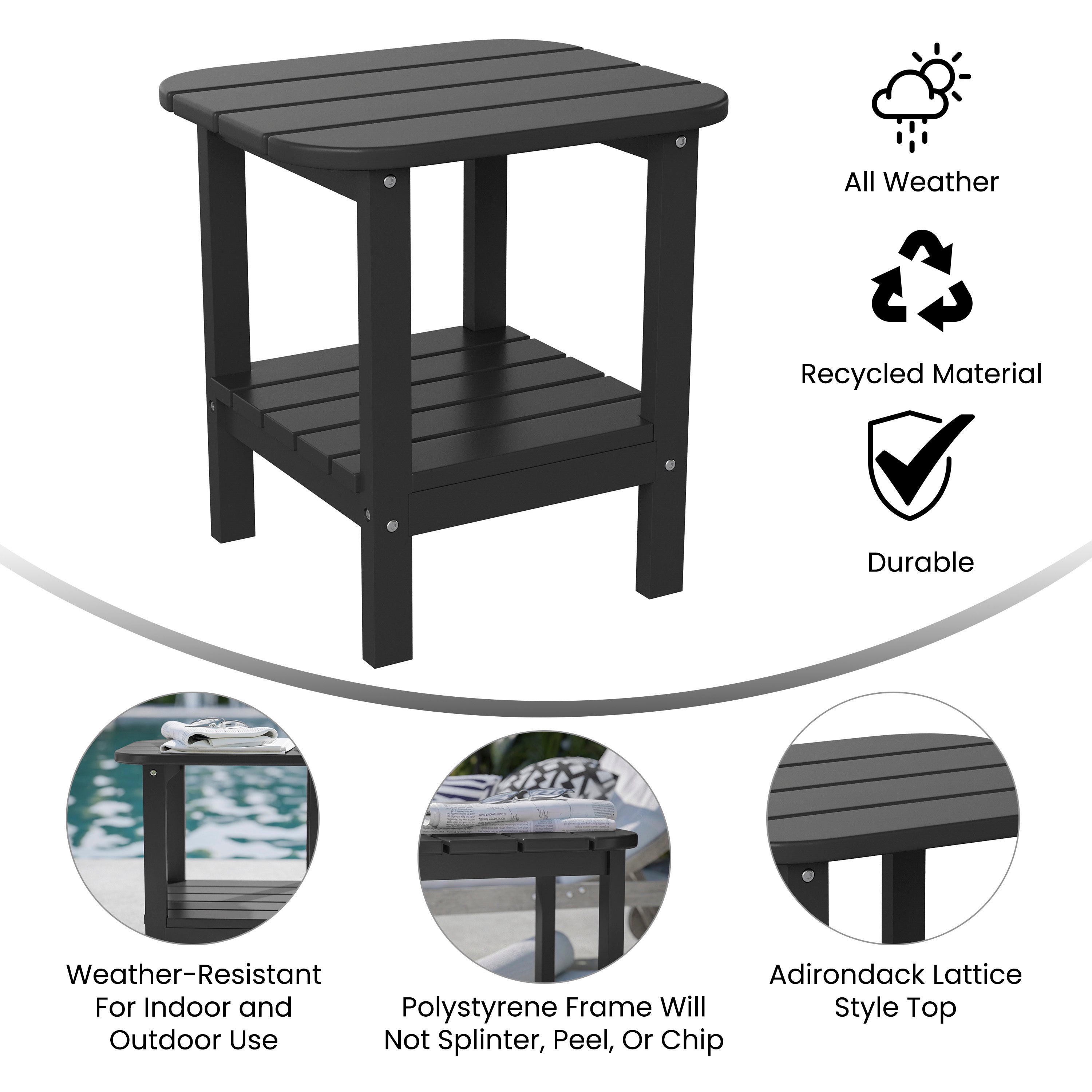 Newport HDPE 2-Tier Adirondack Side Table - All-Weather - Indoor/Outdoor Black