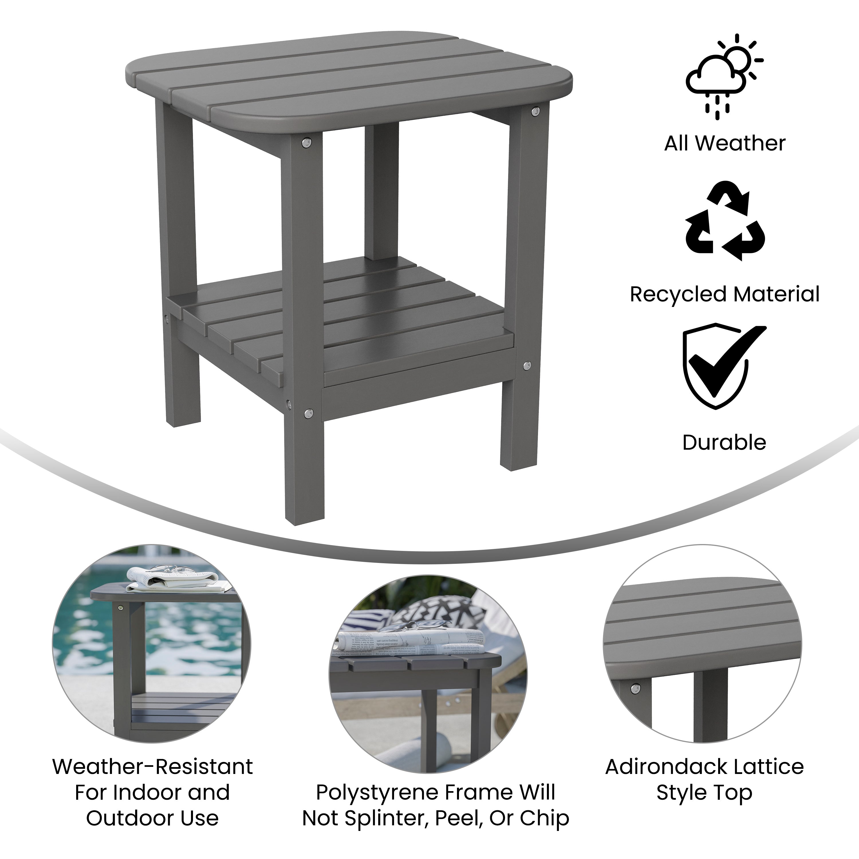 Newport HDPE 2-Tier Adirondack Side Table - All-Weather - Indoor/Outdoor Gray