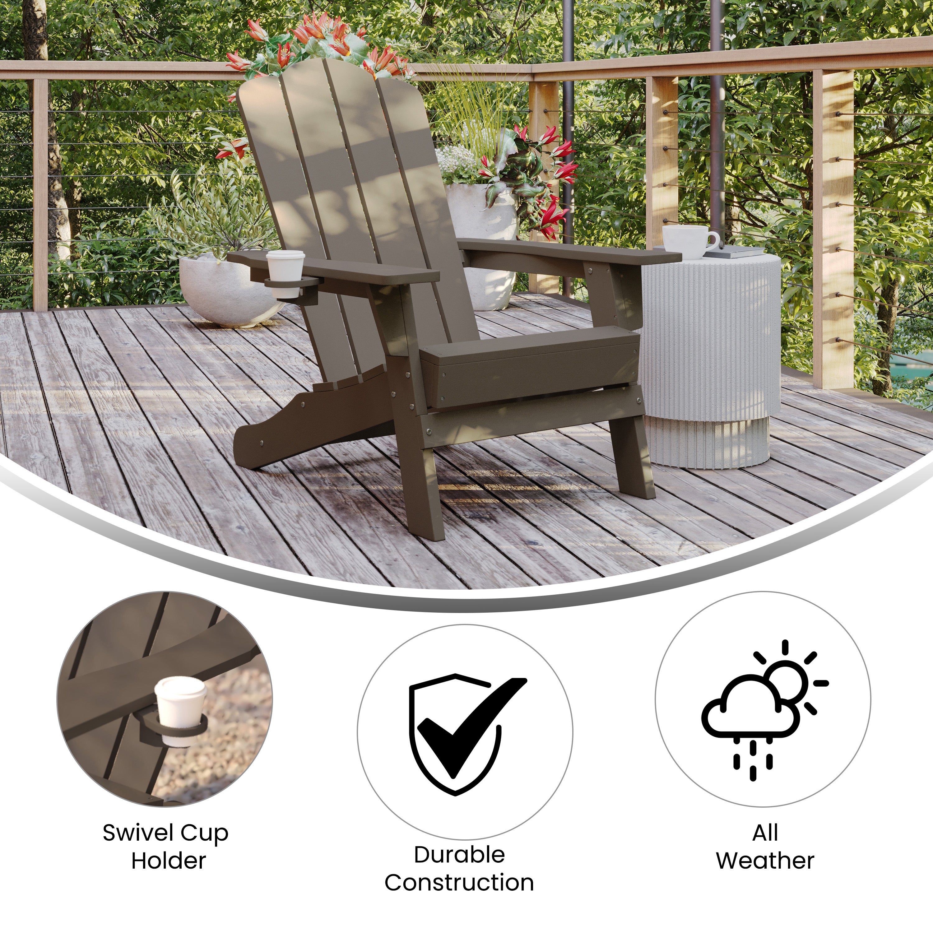 Newport Adirondack Chair with Cup Holder, Weather Resistant HDPE Adirondack Chair in Brown