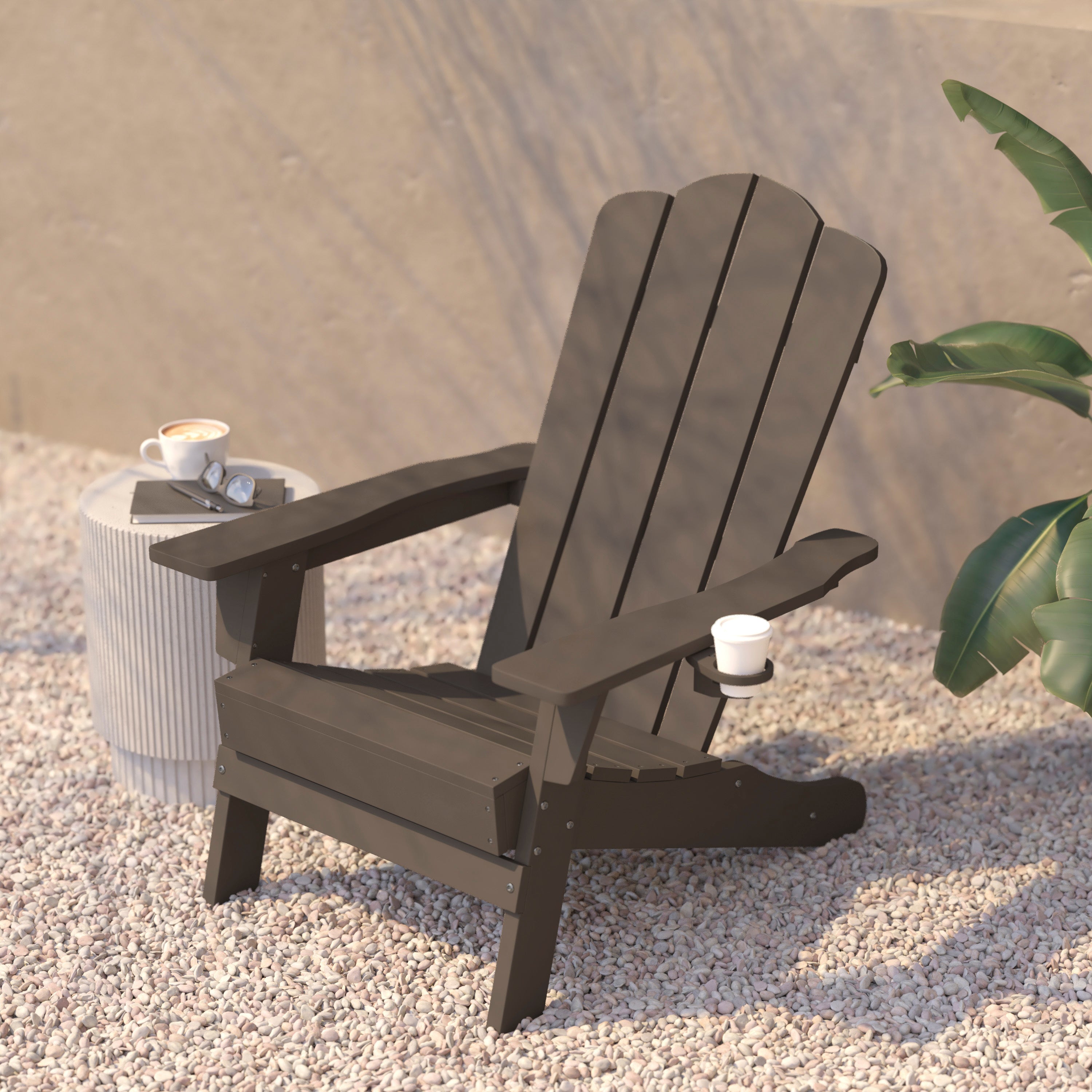 Newport Adirondack Chair with Cup Holder, Weather Resistant HDPE Adirondack Chair in Brown