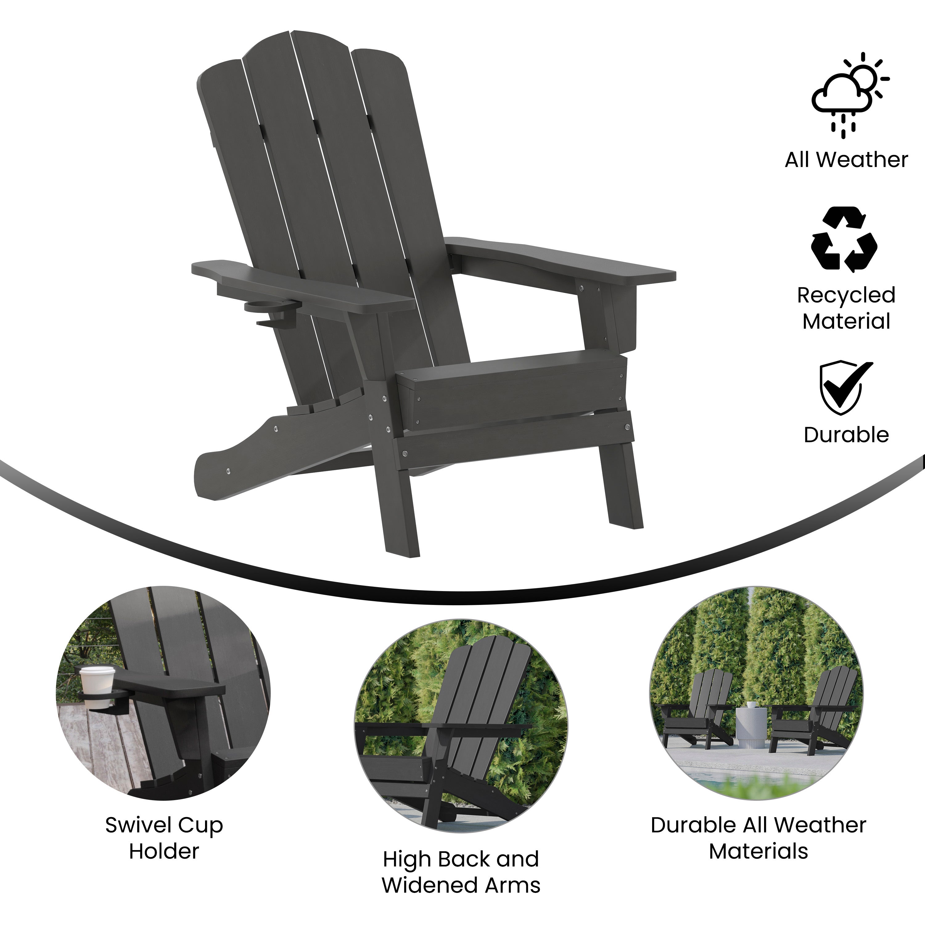 Newport Adirondack Chair with Cup Holder, Weather Resistant HDPE Adirondack Chair in Gray