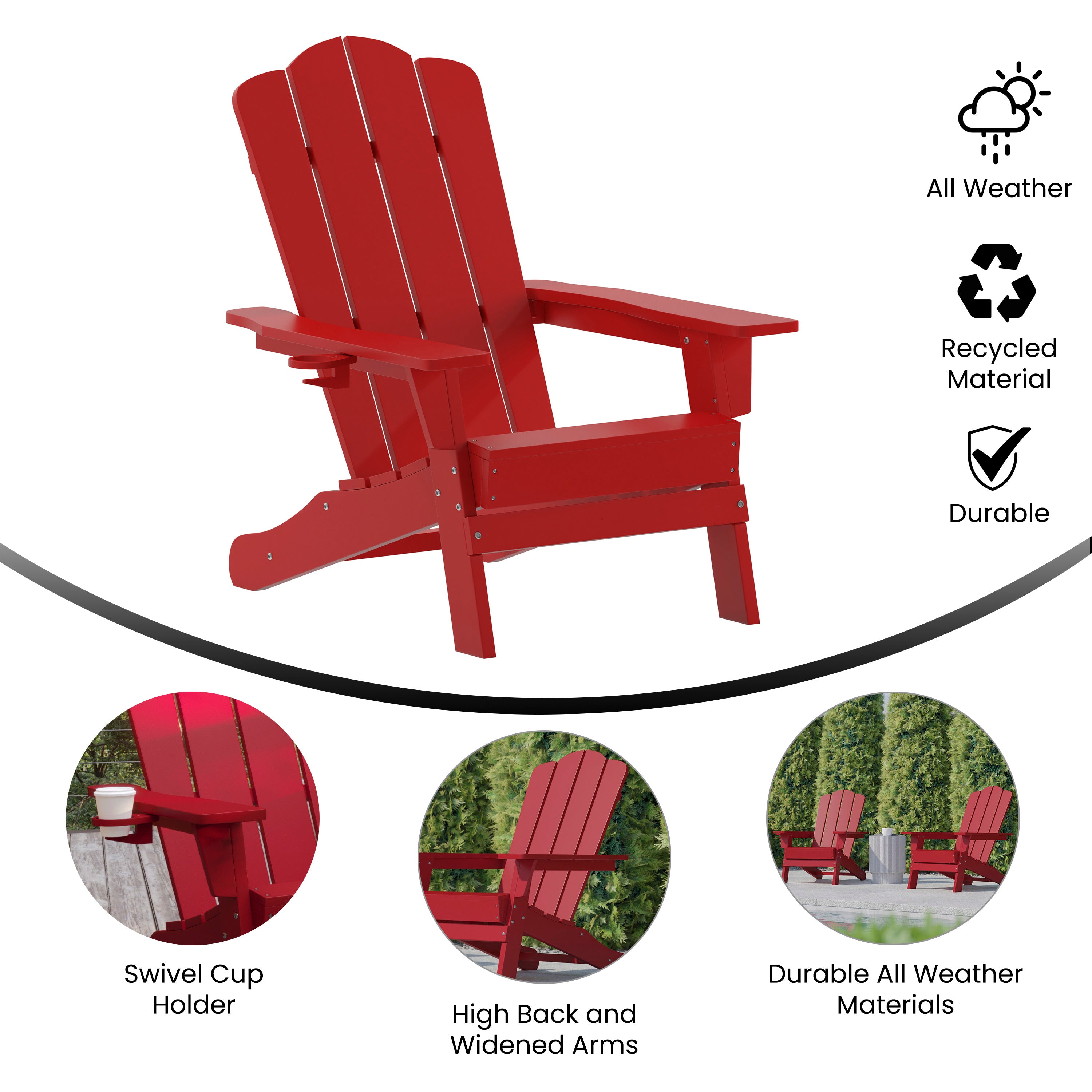 Newport Adirondack Chair with Cup Holder, Weather Resistant HDPE Adirondack Chair in Red