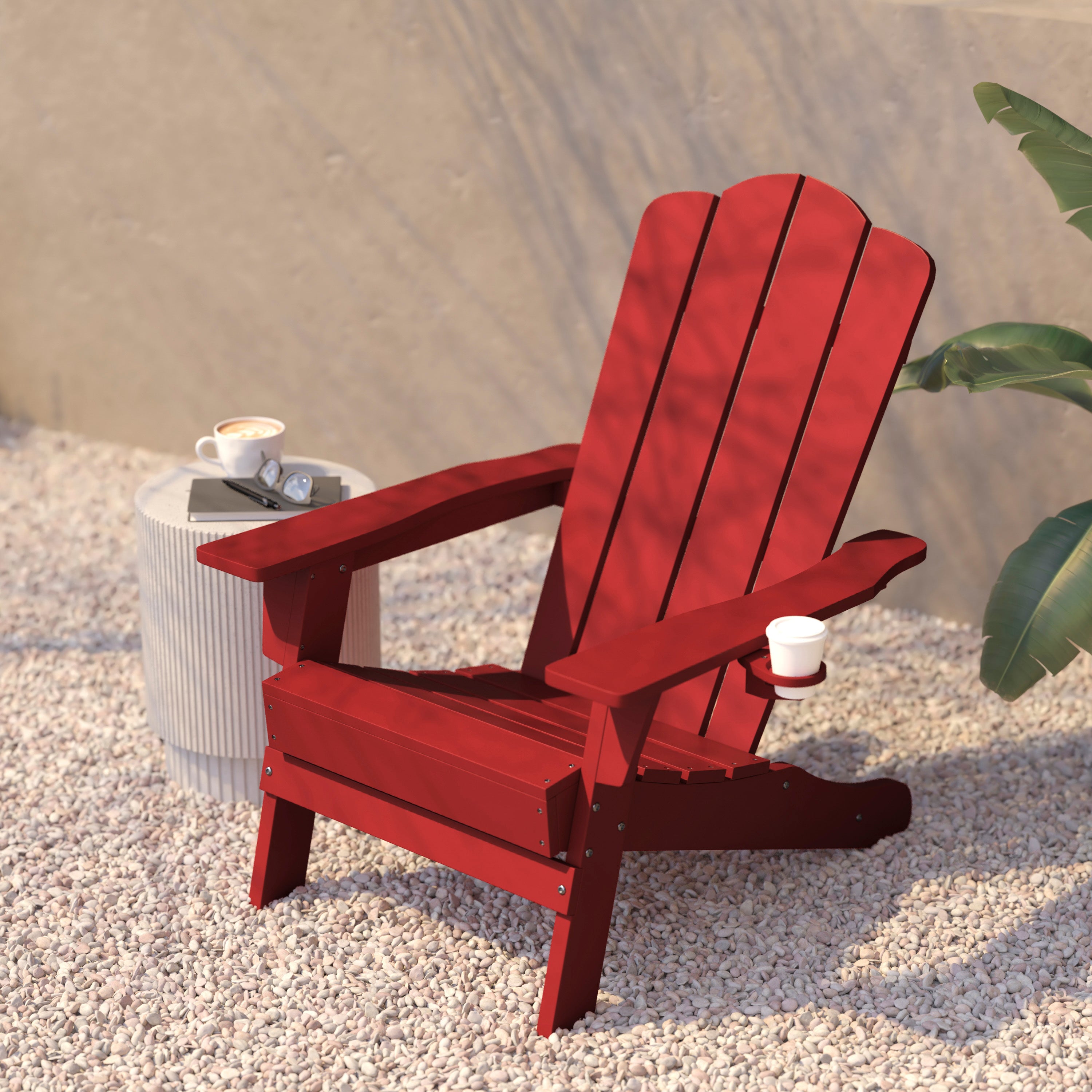 Newport Adirondack Chair with Cup Holder, Weather Resistant HDPE Adirondack Chair in Red
