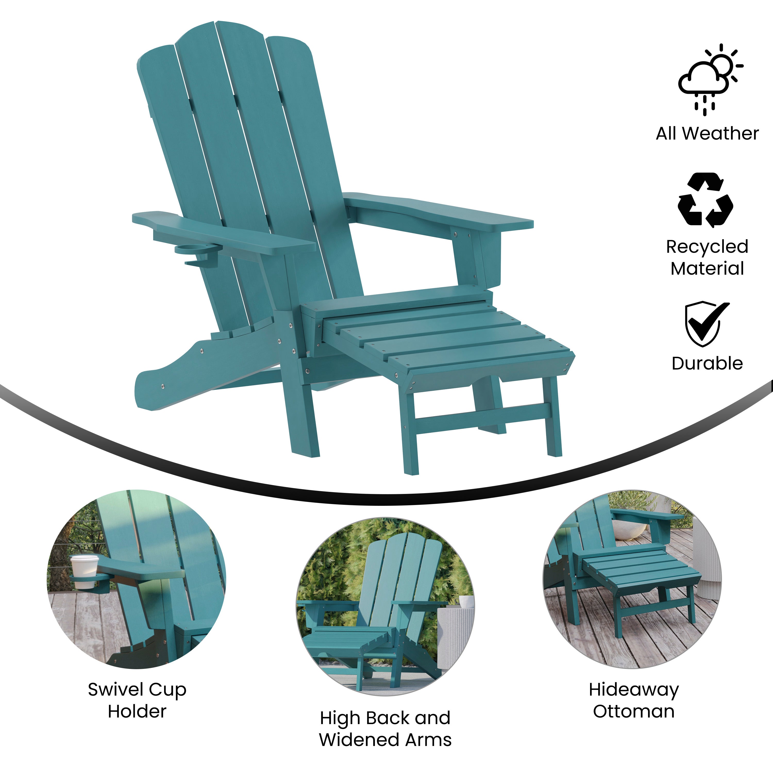 Newport HDPE Adirondack Chair with Cup Holder and Pull Out Ottoman, All-Weather HDPE Indoor/Outdoor Lounge Chair in Blue