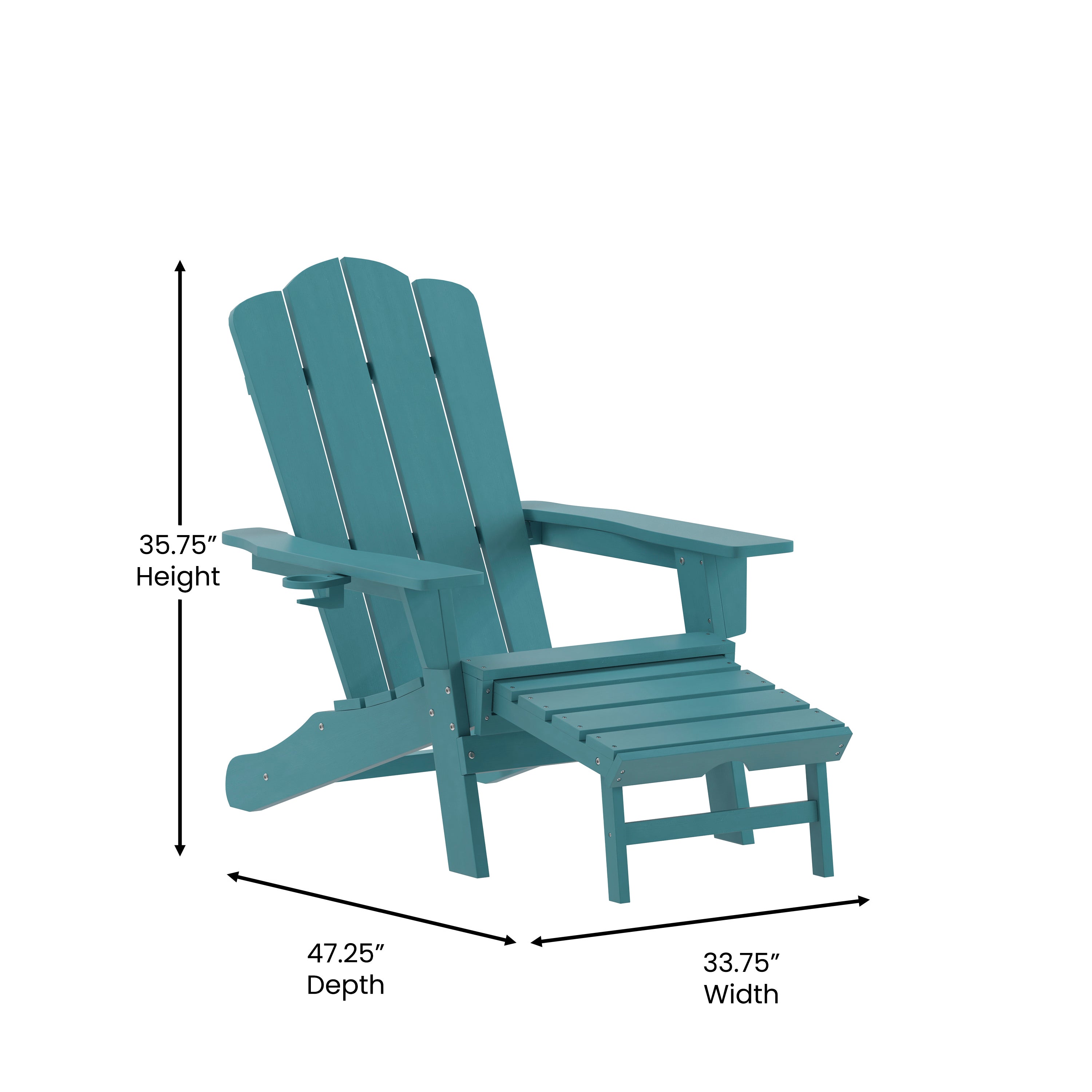 Newport HDPE Adirondack Chair with Cup Holder and Pull Out Ottoman, All-Weather HDPE Indoor/Outdoor Lounge Chair in Blue