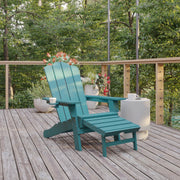 Newport HDPE Adirondack Chair with Cup Holder and Pull Out Ottoman, All-Weather HDPE Indoor/Outdoor Lounge Chair in Blue