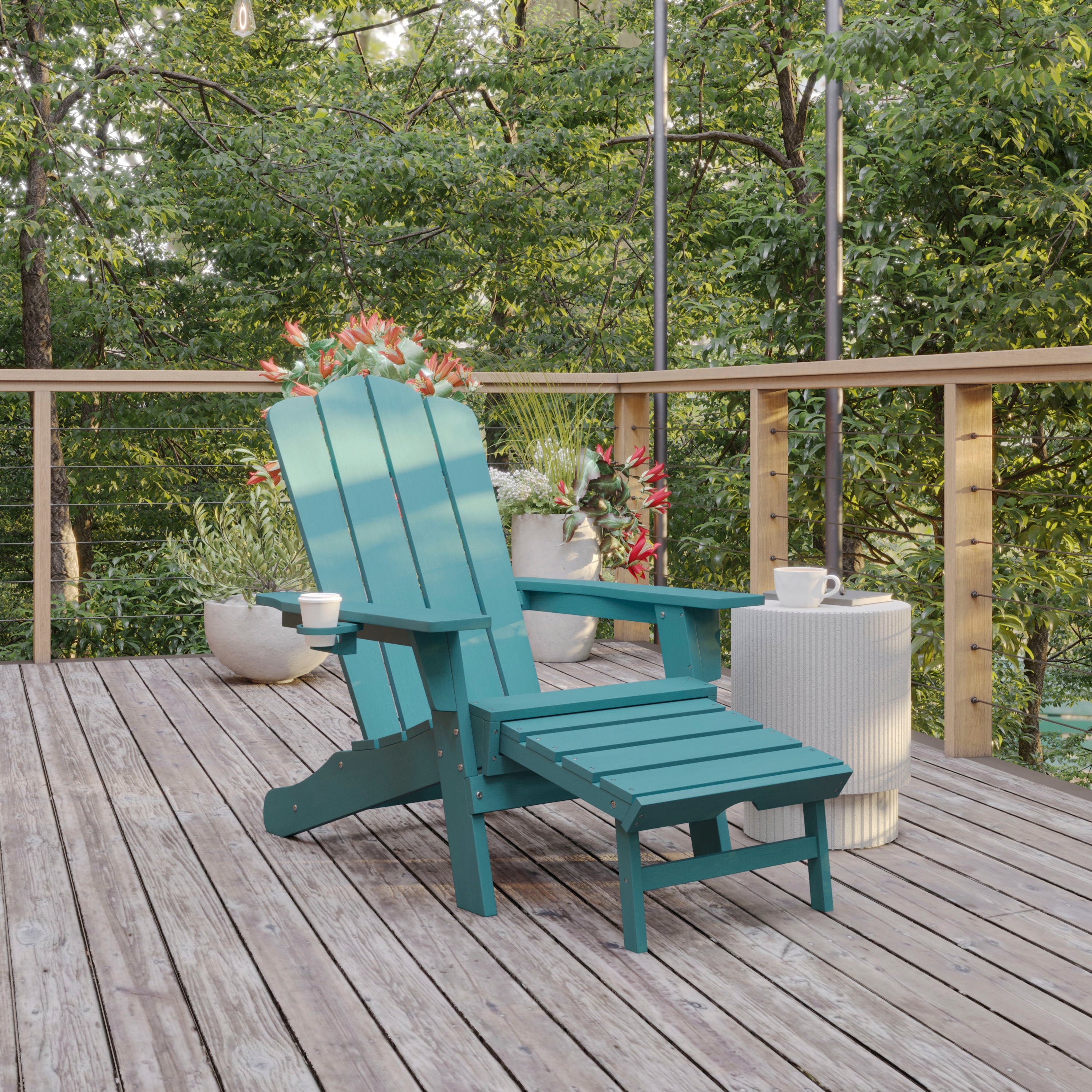 Newport HDPE Adirondack Chair with Cup Holder and Pull Out Ottoman, All-Weather HDPE Indoor/Outdoor Lounge Chair in Blue