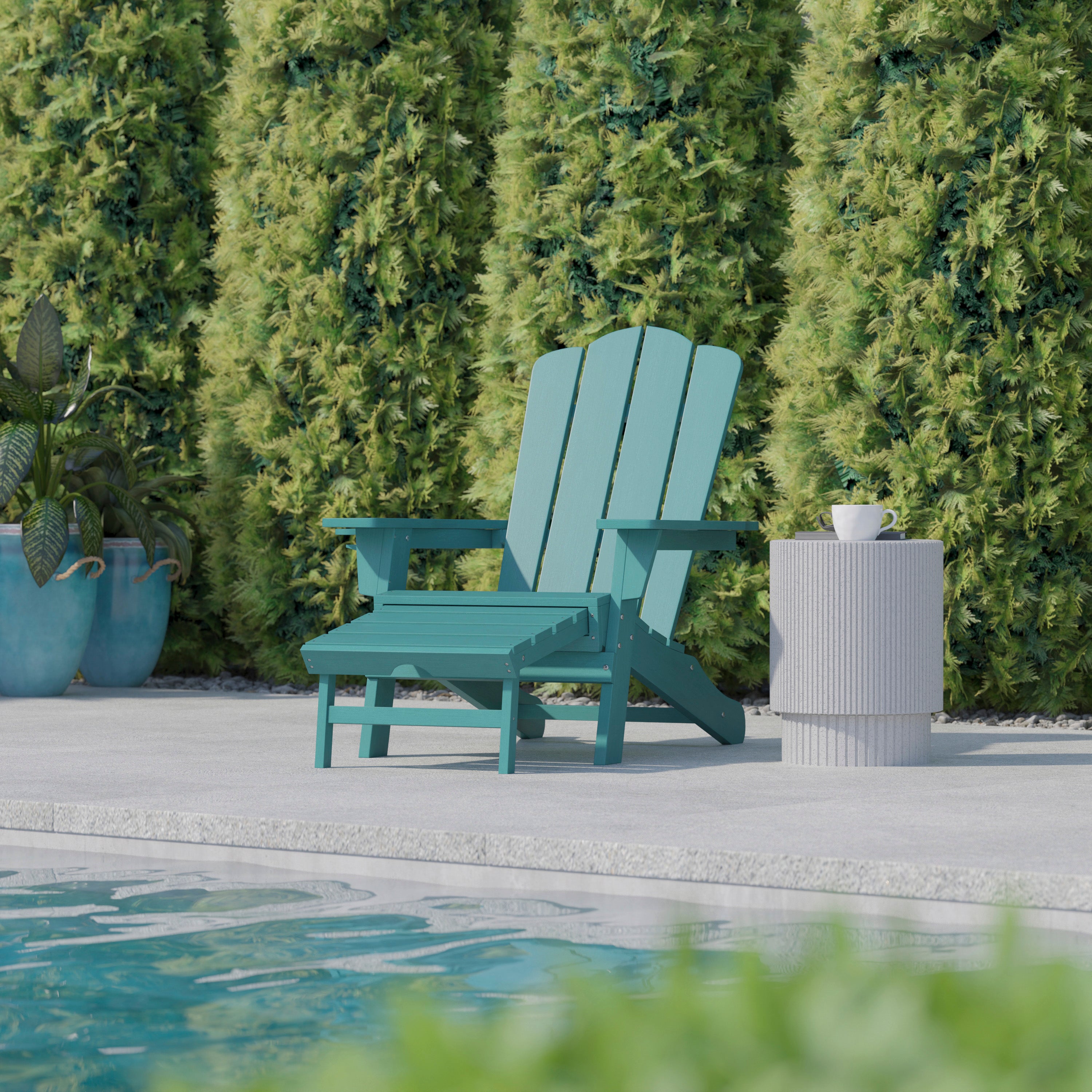 Newport HDPE Adirondack Chair with Cup Holder and Pull Out Ottoman, All-Weather HDPE Indoor/Outdoor Lounge Chair in Blue