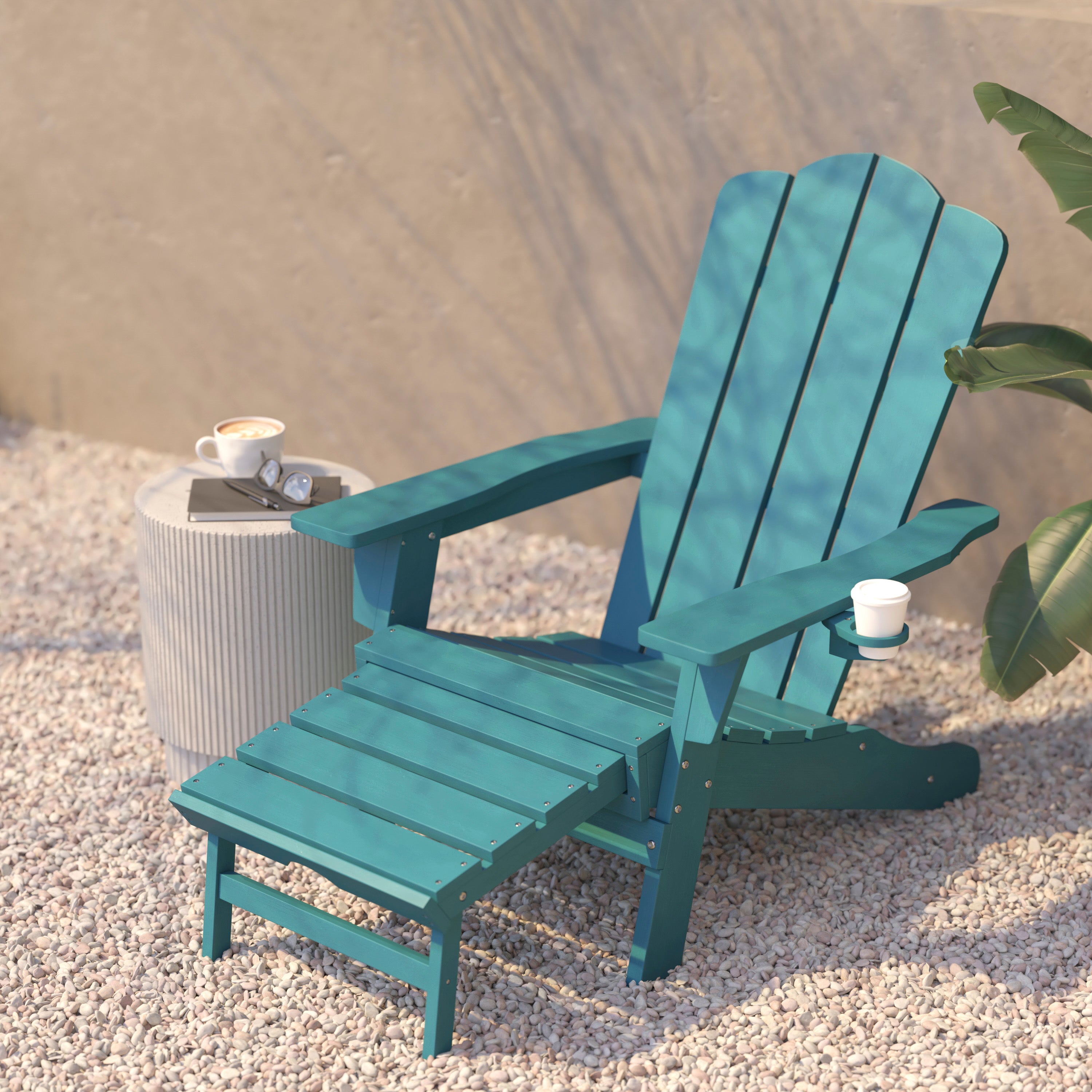 Newport HDPE Adirondack Chair with Cup Holder and Pull Out Ottoman, All-Weather HDPE Indoor/Outdoor Lounge Chair in Blue