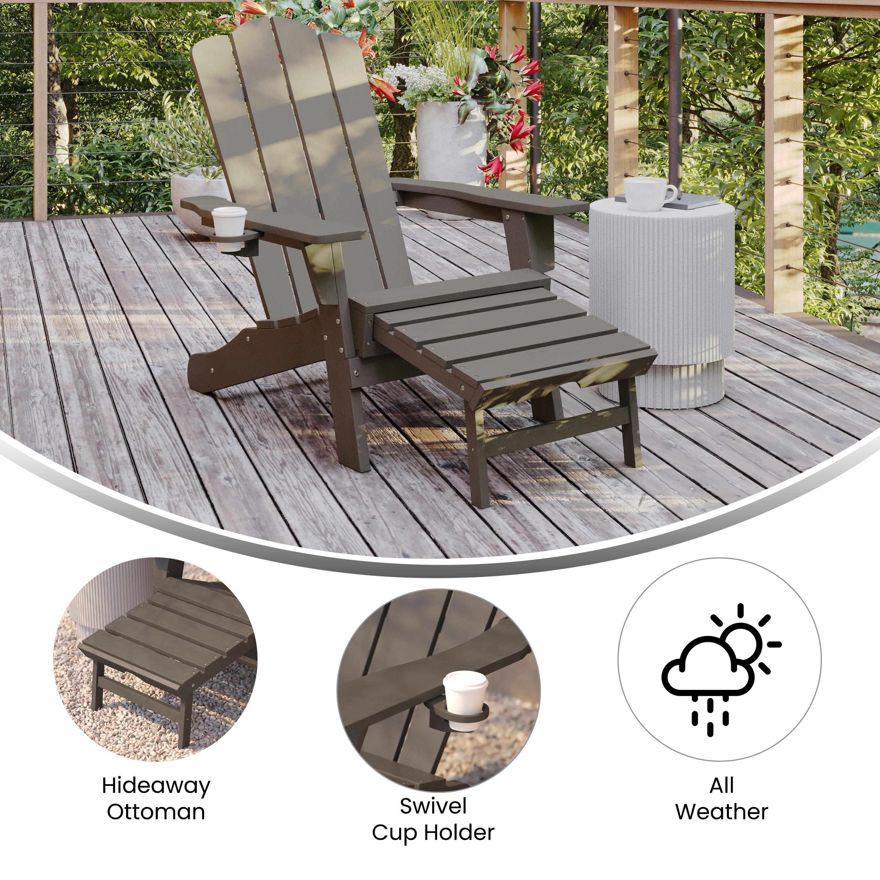 Newport HDPE Adirondack Chair with Cup Holder and Pull Out Ottoman, All-Weather HDPE Indoor/Outdoor Lounge Chair in Brown