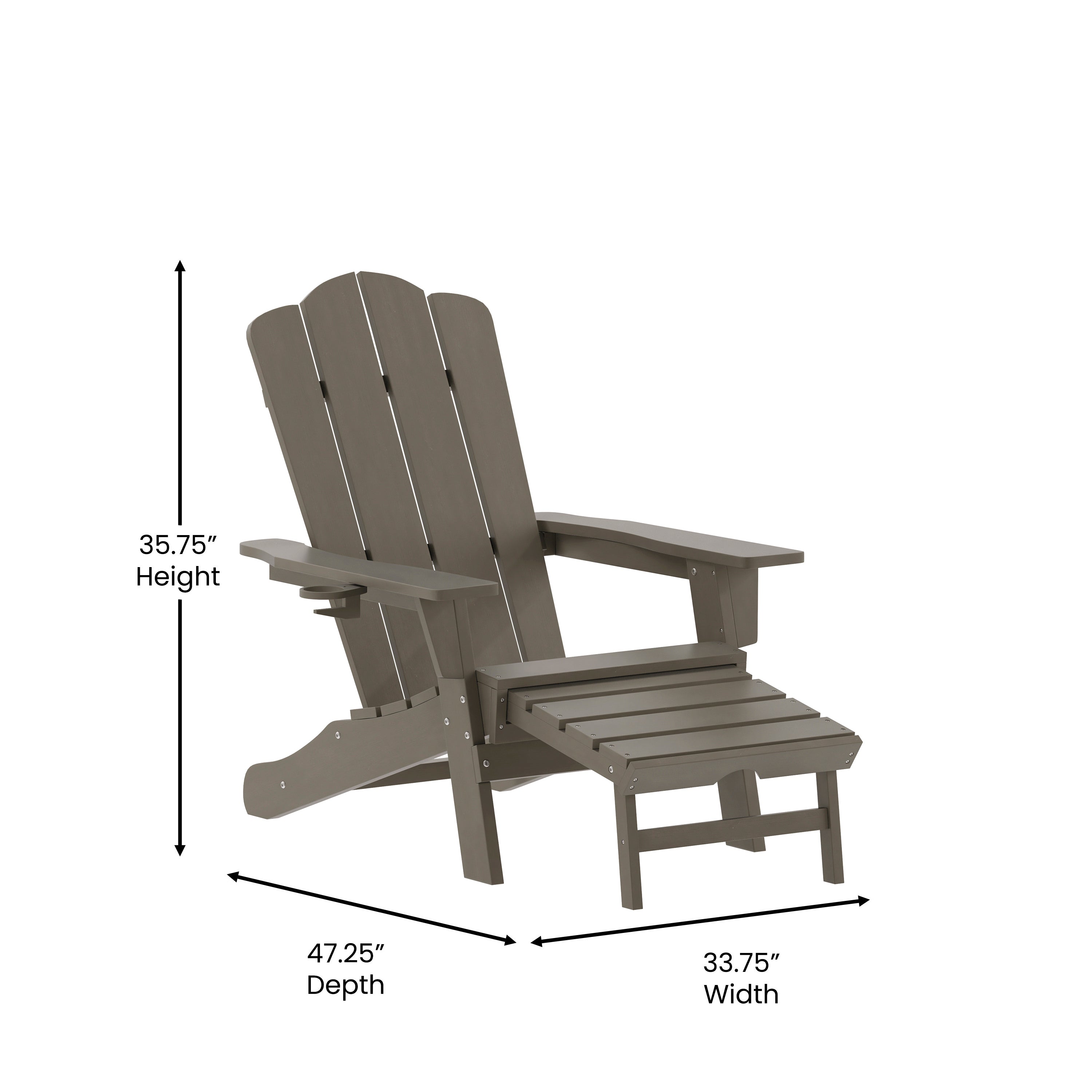 Newport HDPE Adirondack Chair with Cup Holder and Pull Out Ottoman, All-Weather HDPE Indoor/Outdoor Lounge Chair in Brown