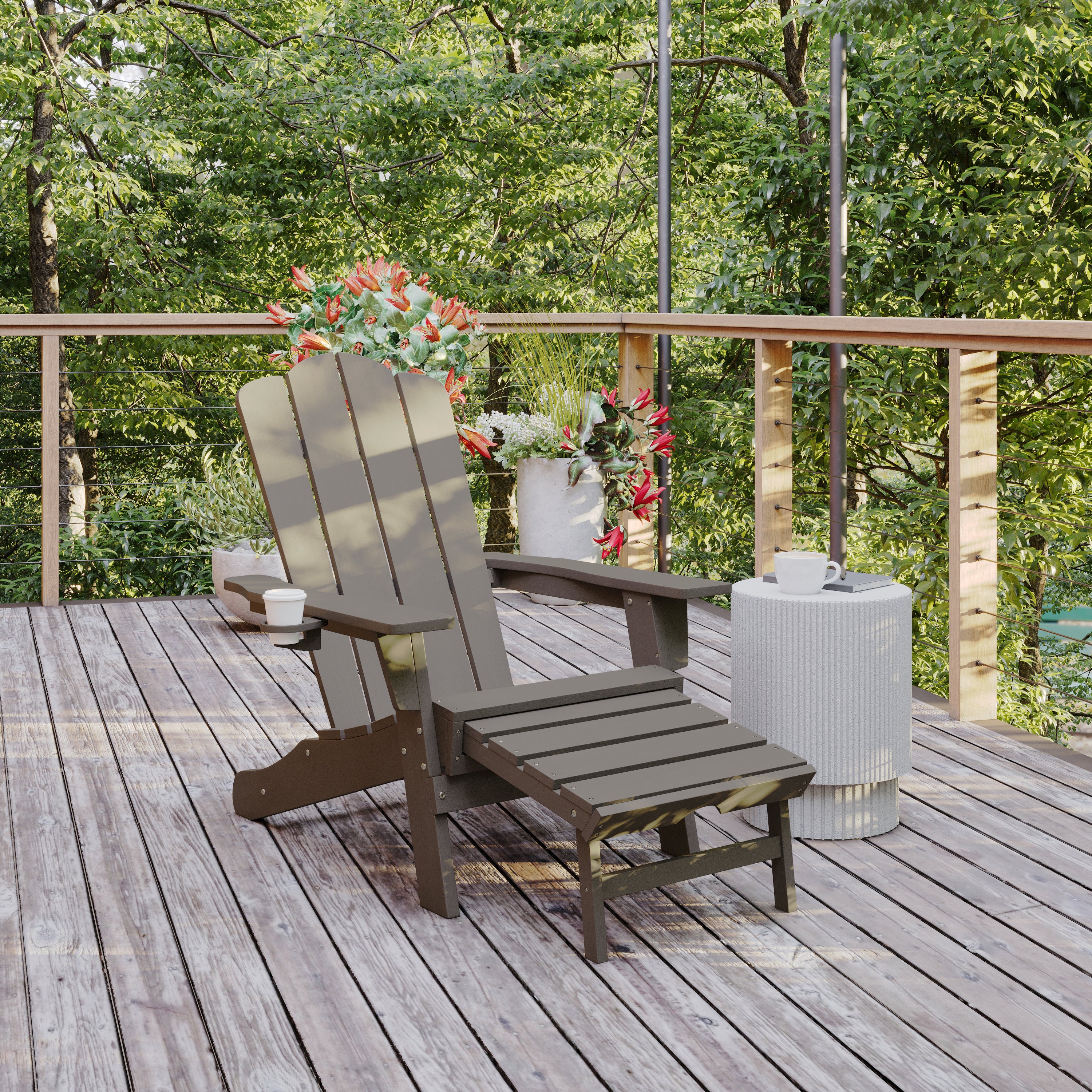 Newport HDPE Adirondack Chair with Cup Holder and Pull Out Ottoman, All-Weather HDPE Indoor/Outdoor Lounge Chair in Brown
