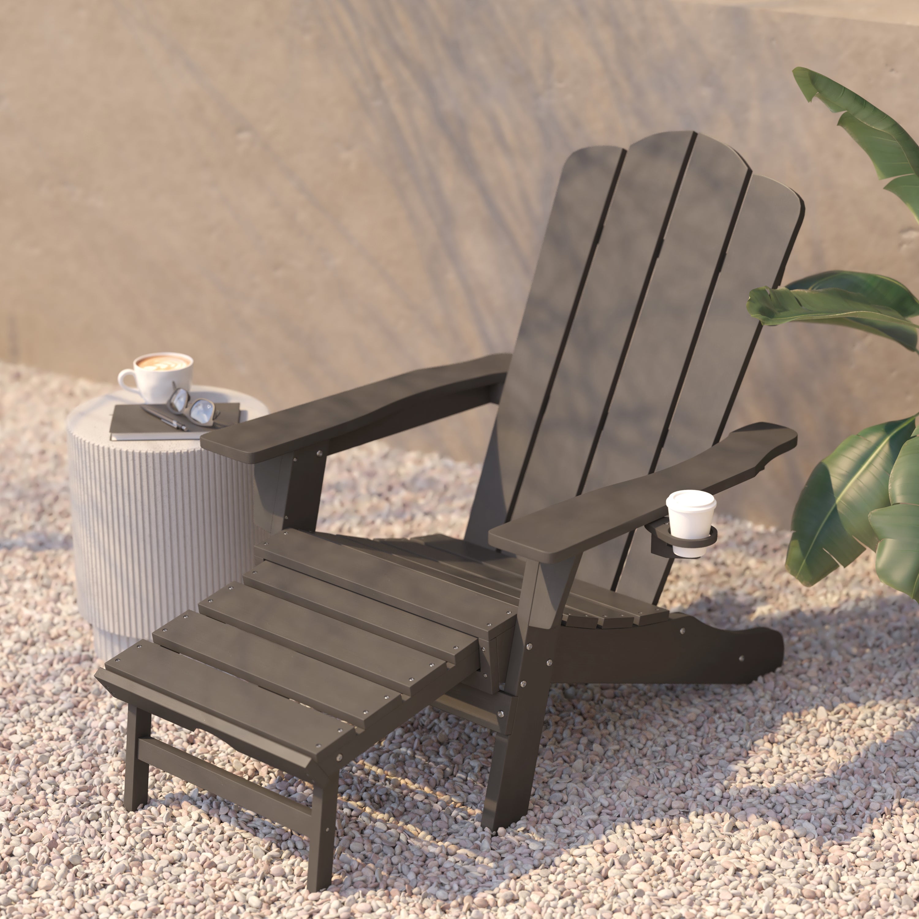 Newport HDPE Adirondack Chair with Cup Holder and Pull Out Ottoman, All-Weather HDPE Indoor/Outdoor Lounge Chair in Brown