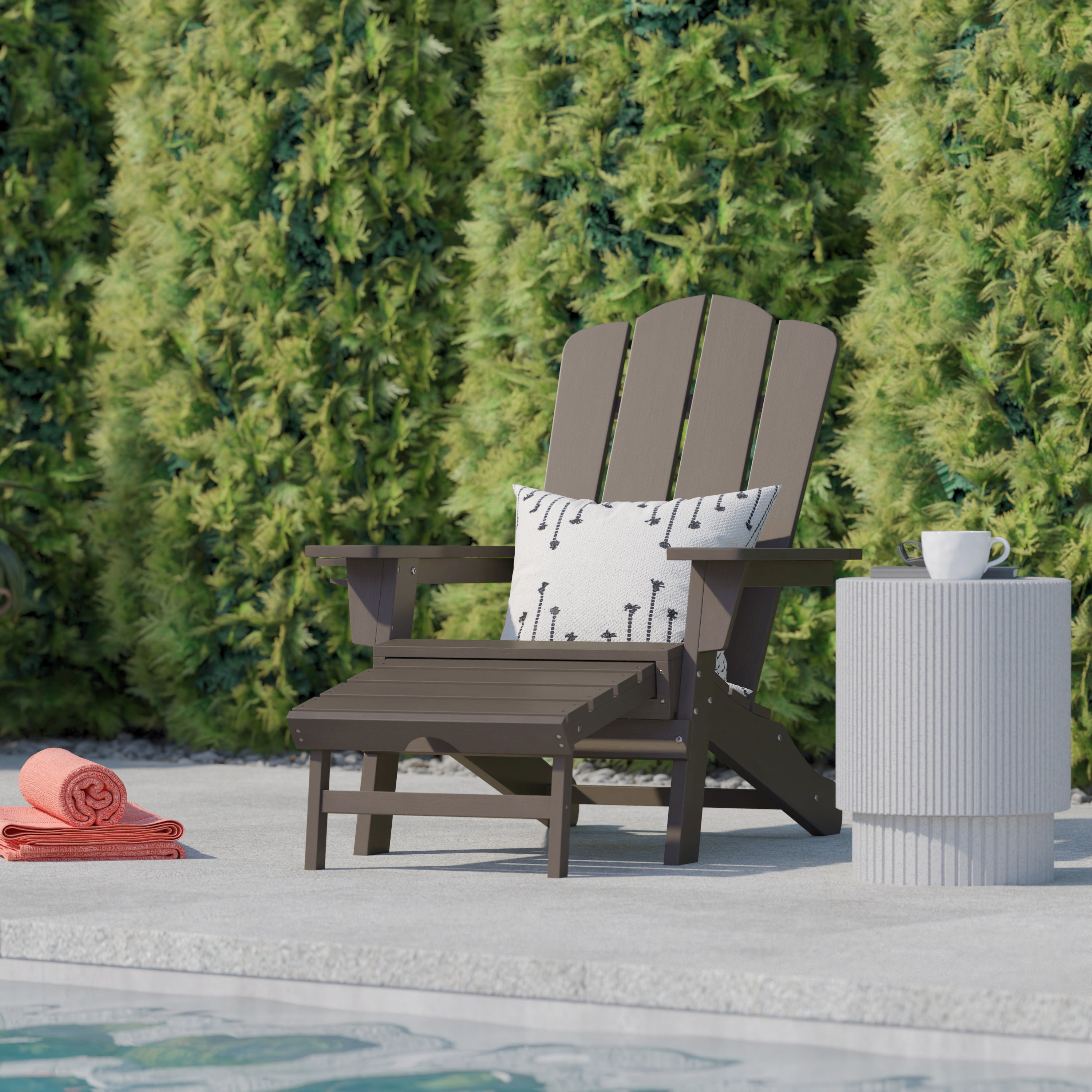 Newport HDPE Adirondack Chair with Cup Holder and Pull Out Ottoman, All-Weather HDPE Indoor/Outdoor Lounge Chair in Brown
