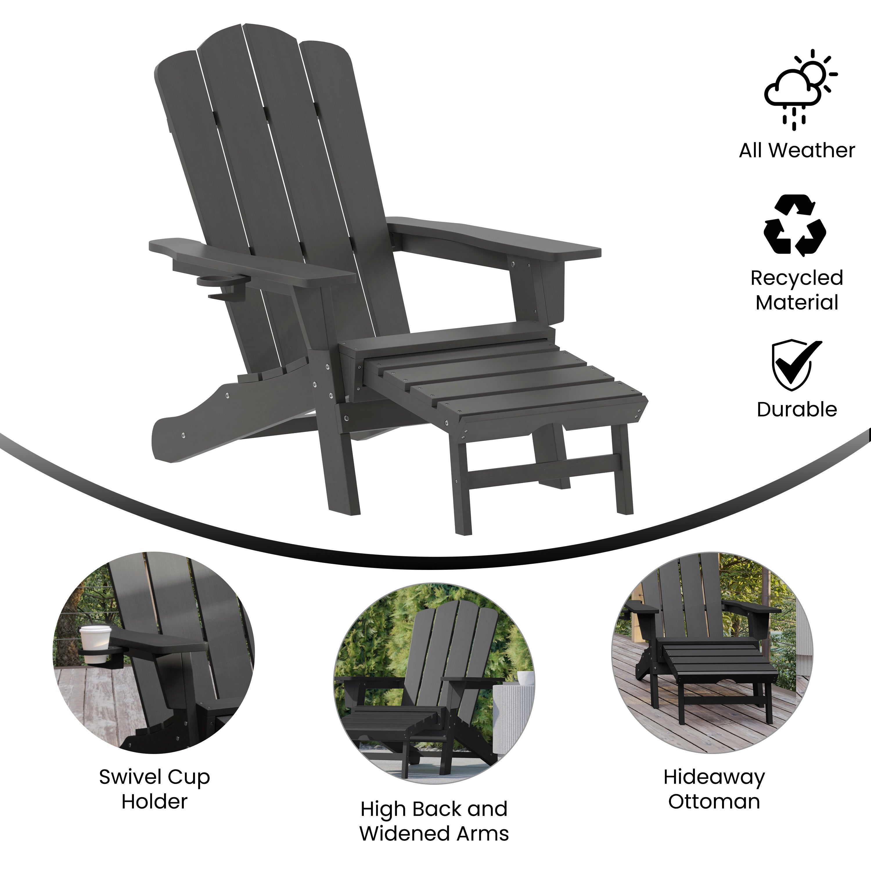 Newport HDPE Adirondack Chair with Cup Holder and Pull Out Ottoman, All-Weather HDPE Indoor/Outdoor Lounge Chair in Gray