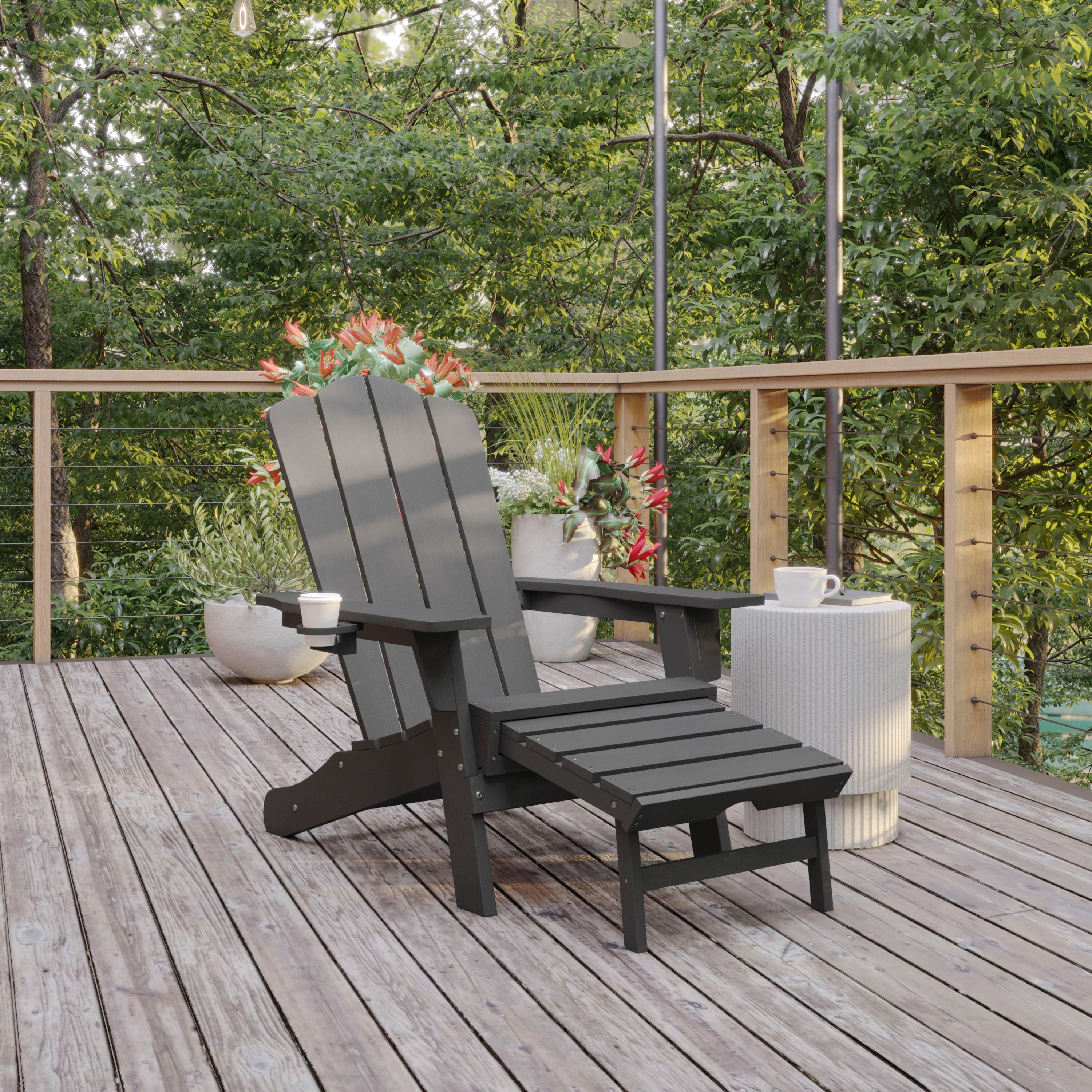 Newport HDPE Adirondack Chair with Cup Holder and Pull Out Ottoman, All-Weather HDPE Indoor/Outdoor Lounge Chair in Gray