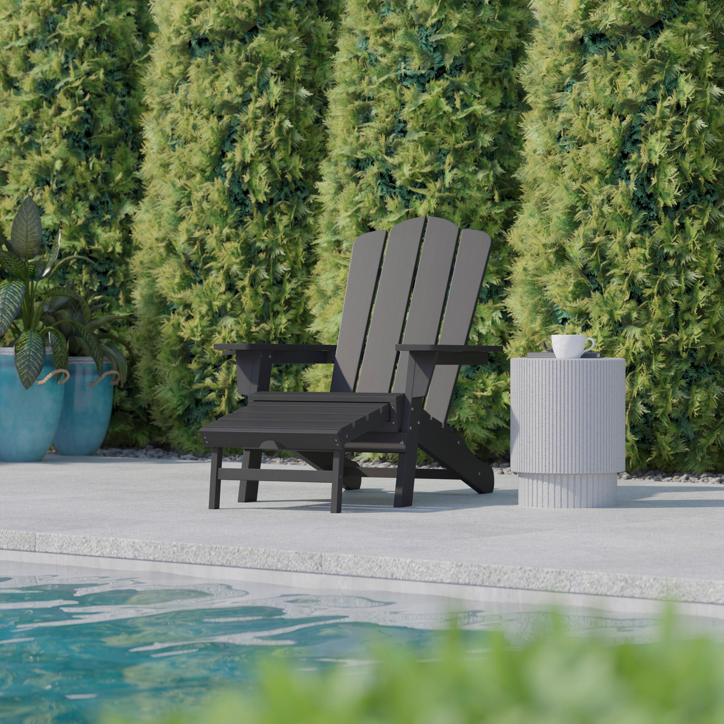 Newport HDPE Adirondack Chair with Cup Holder and Pull Out Ottoman, All-Weather HDPE Indoor/Outdoor Lounge Chair in Gray