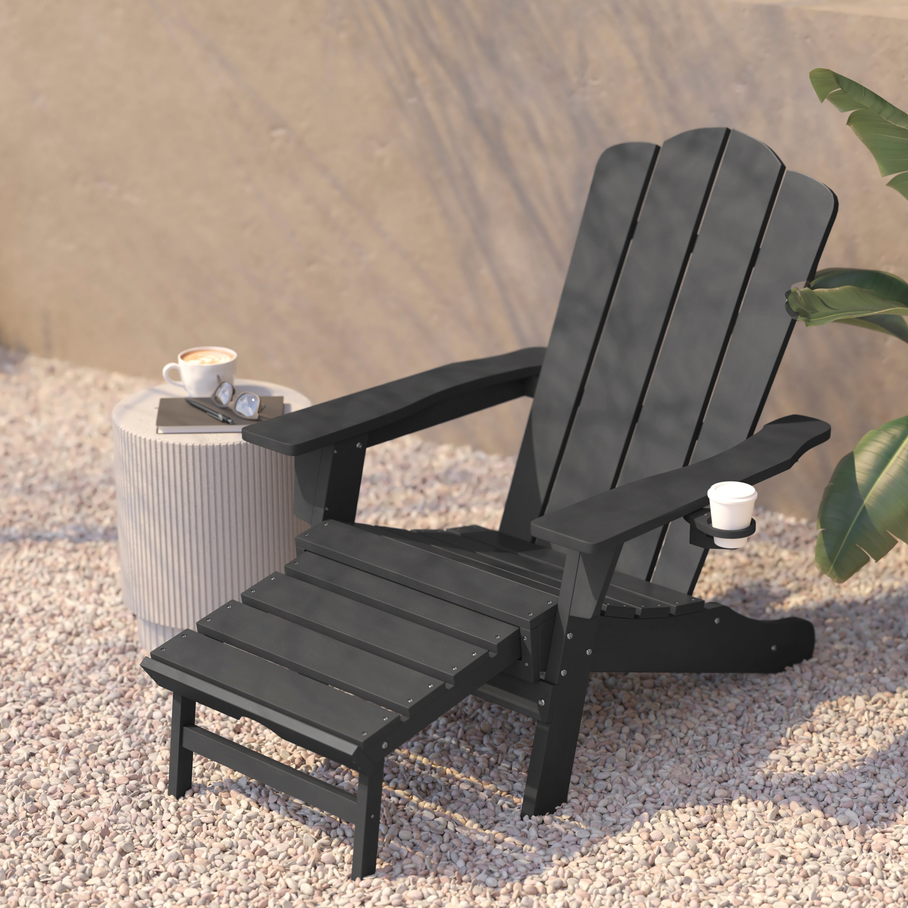 Newport HDPE Adirondack Chair with Cup Holder and Pull Out Ottoman, All-Weather HDPE Indoor/Outdoor Lounge Chair in Gray