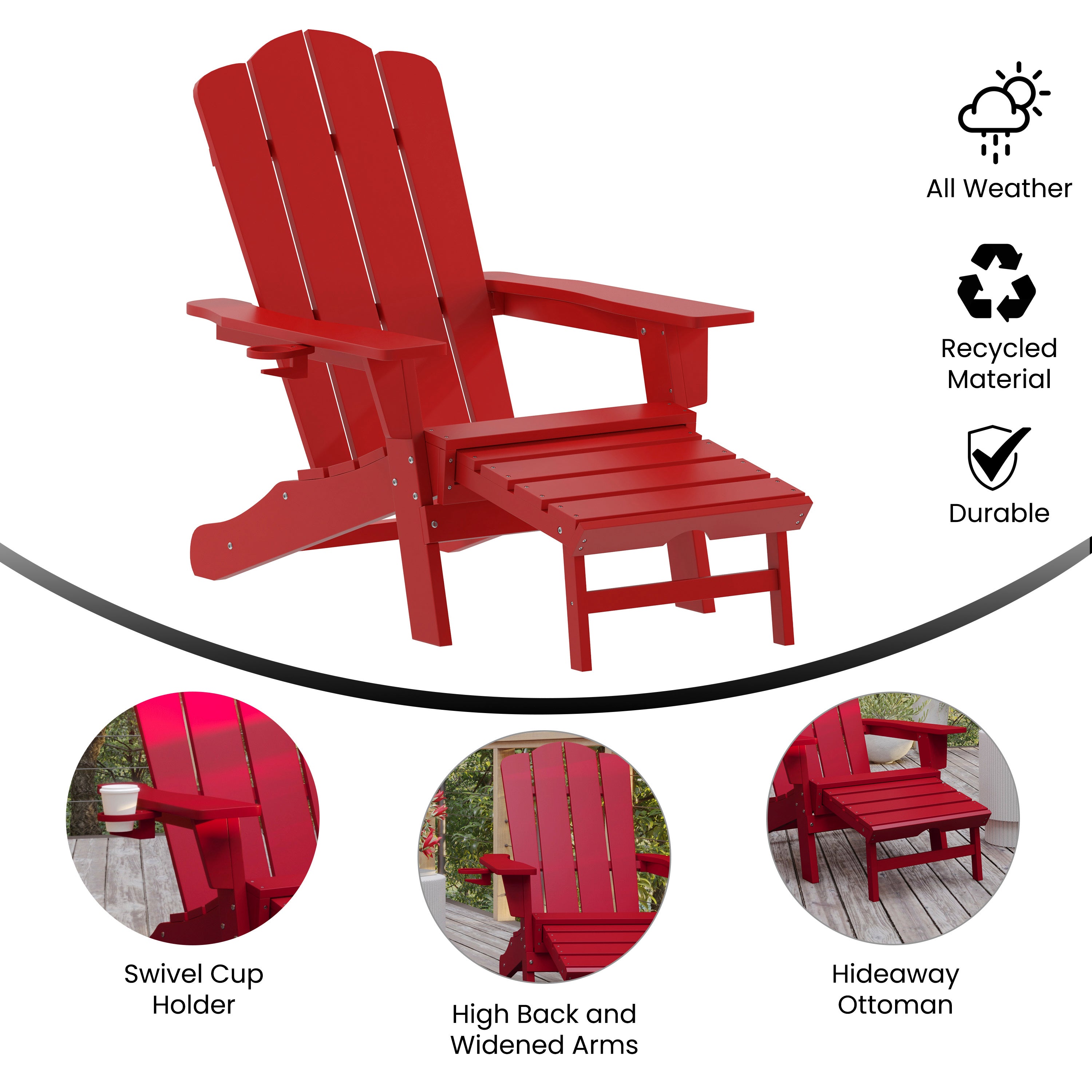 Newport HDPE Adirondack Chair with Cup Holder and Pull Out Ottoman, All-Weather HDPE Indoor/Outdoor Lounge Chair in Red