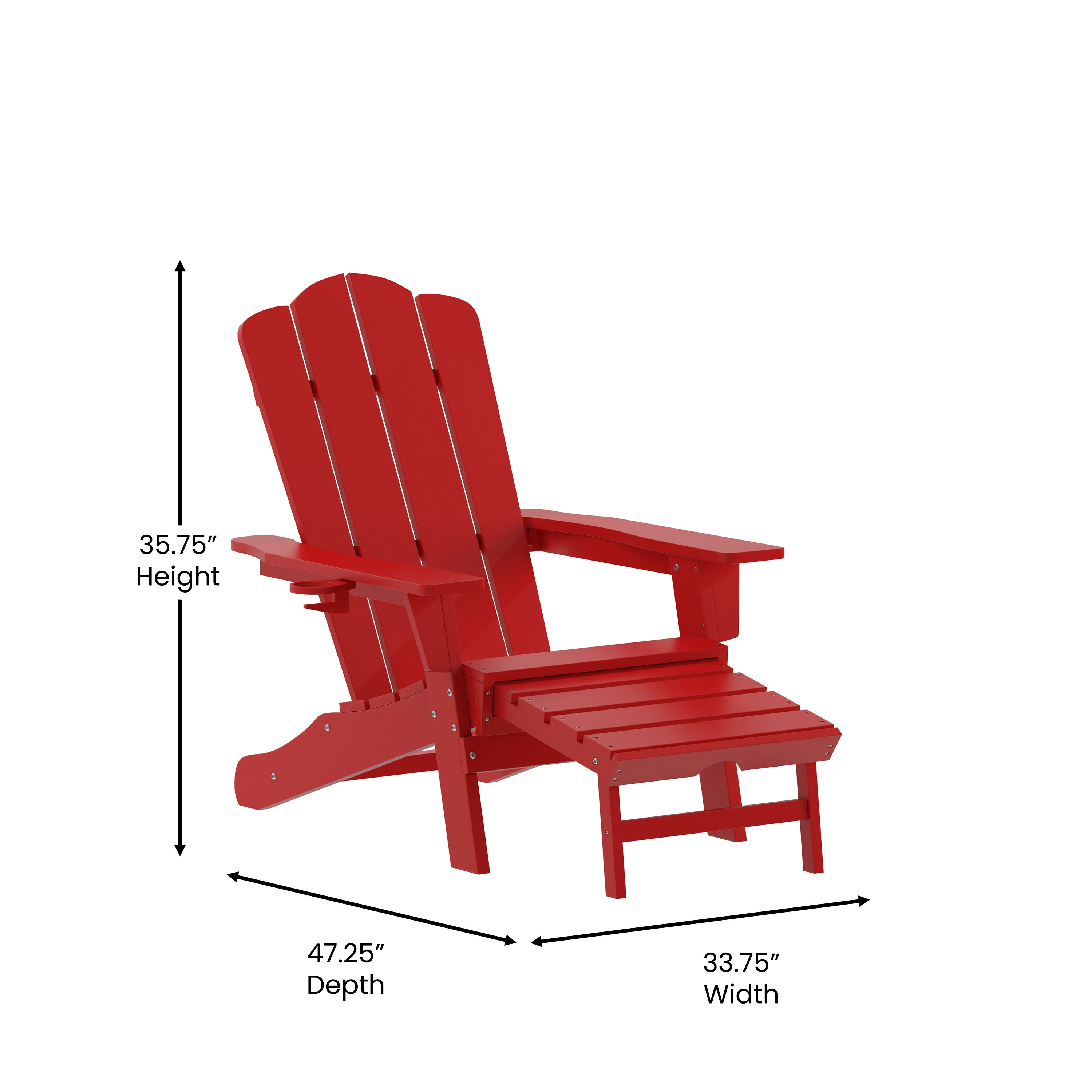 Newport HDPE Adirondack Chair with Cup Holder and Pull Out Ottoman, All-Weather HDPE Indoor/Outdoor Lounge Chair in Red
