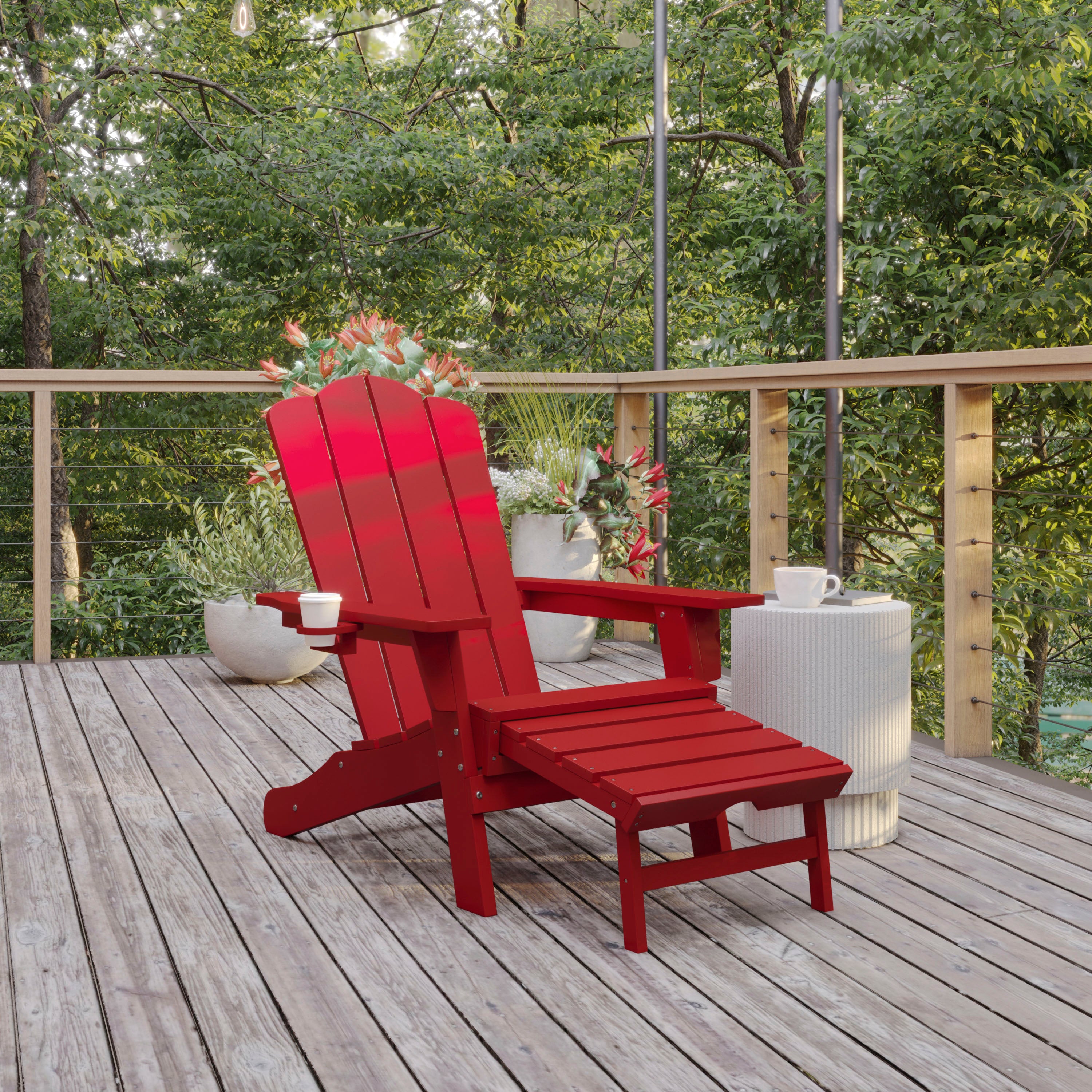 Newport HDPE Adirondack Chair with Cup Holder and Pull Out Ottoman, All-Weather HDPE Indoor/Outdoor Lounge Chair in Red