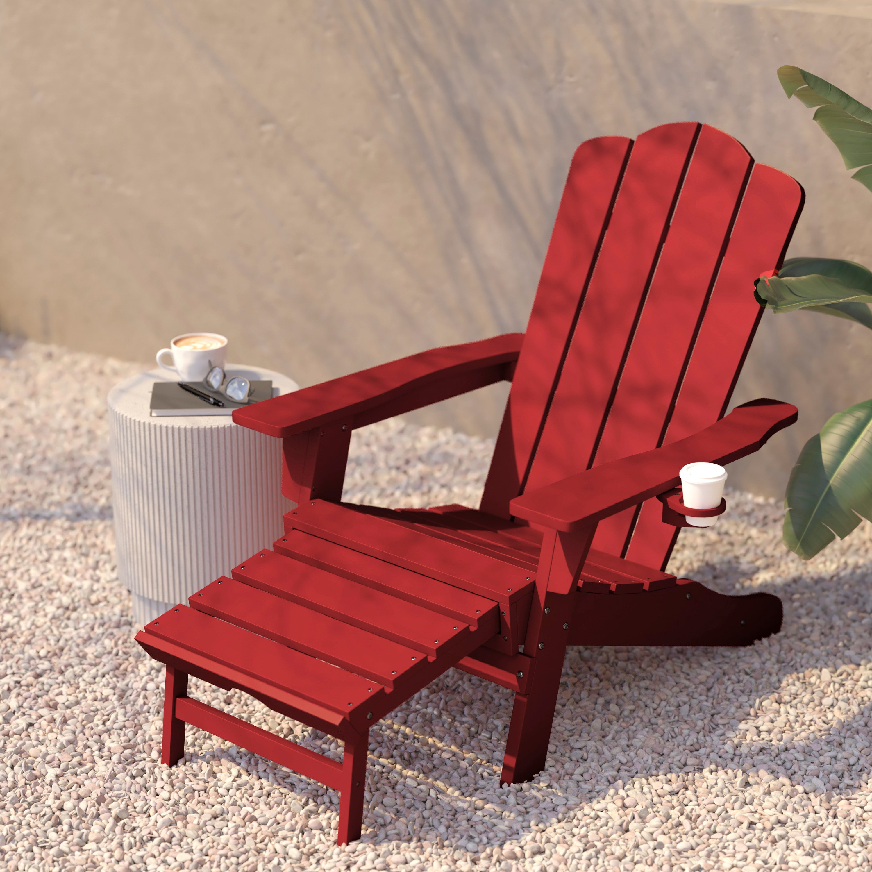 Newport HDPE Adirondack Chair with Cup Holder and Pull Out Ottoman, All-Weather HDPE Indoor/Outdoor Lounge Chair in Red