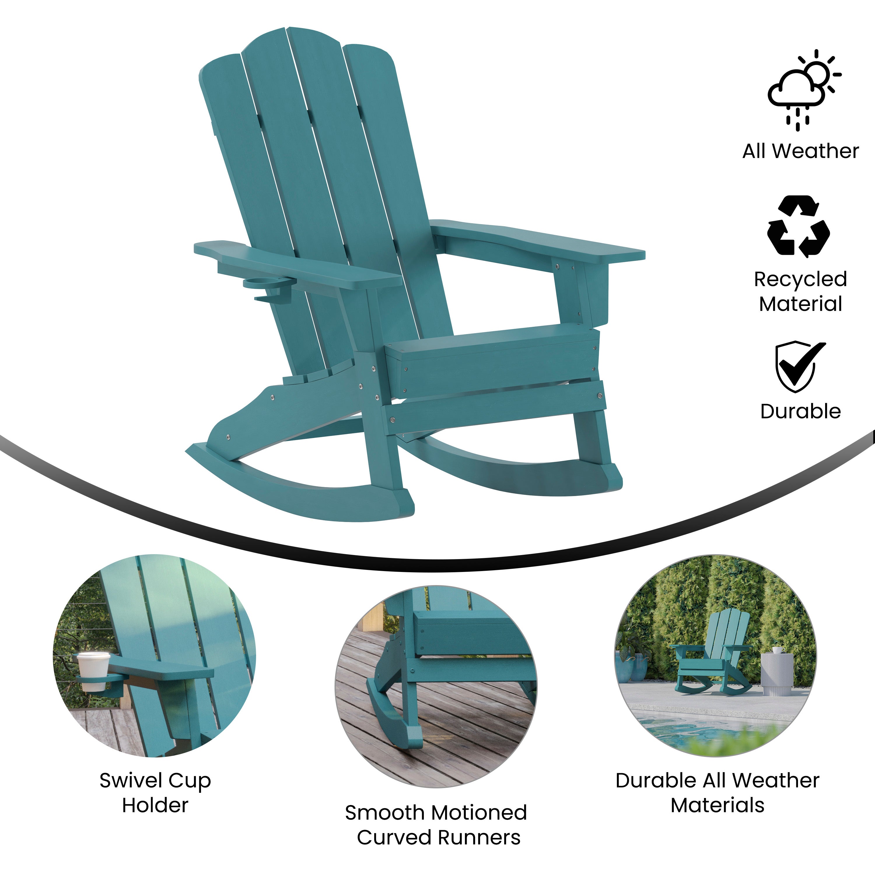 Newport Adirondack Rocking Chair with Cup Holder, Weather Resistant HDPE Adirondack Rocking Chair in Blue