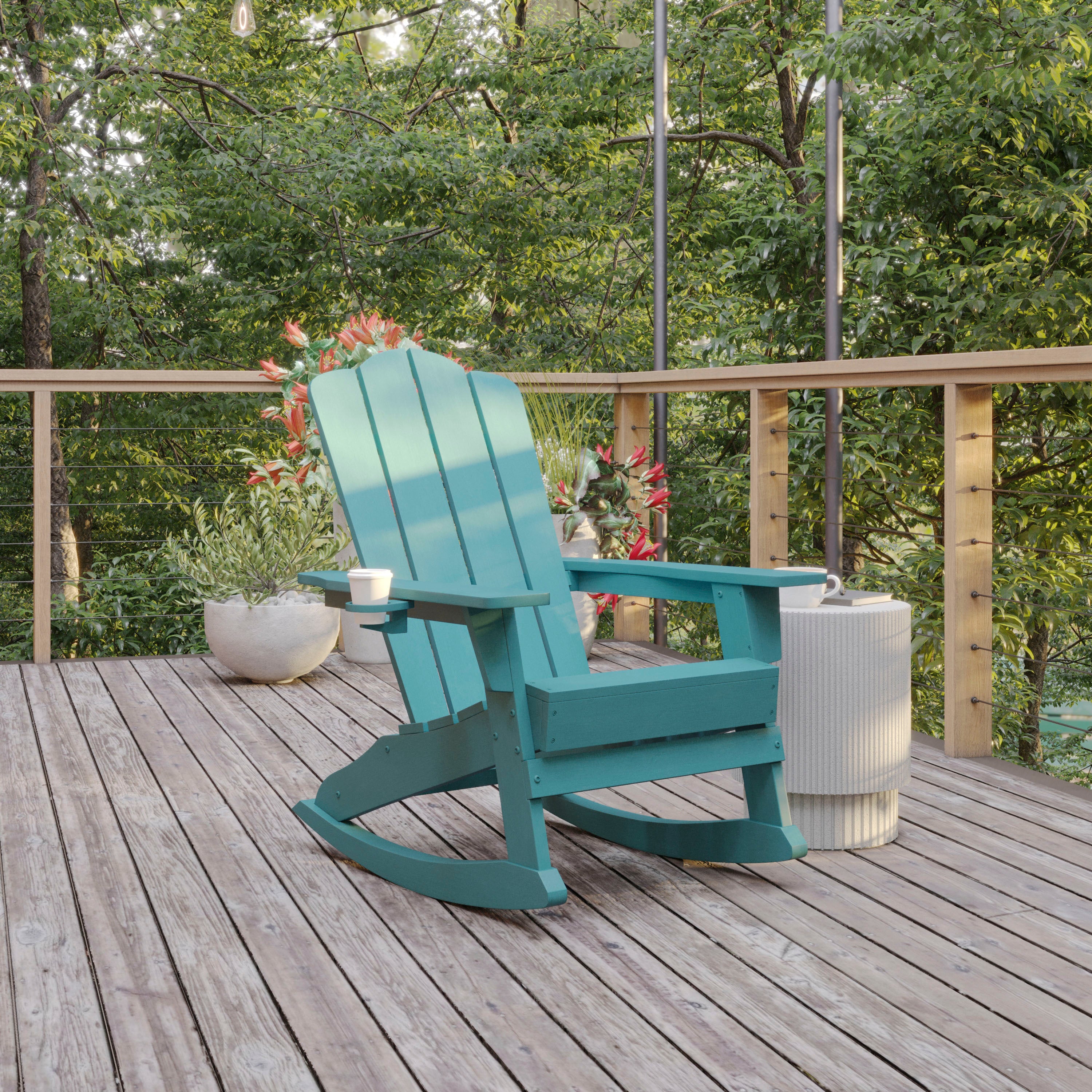 Newport Adirondack Rocking Chair with Cup Holder, Weather Resistant HDPE Adirondack Rocking Chair in Blue