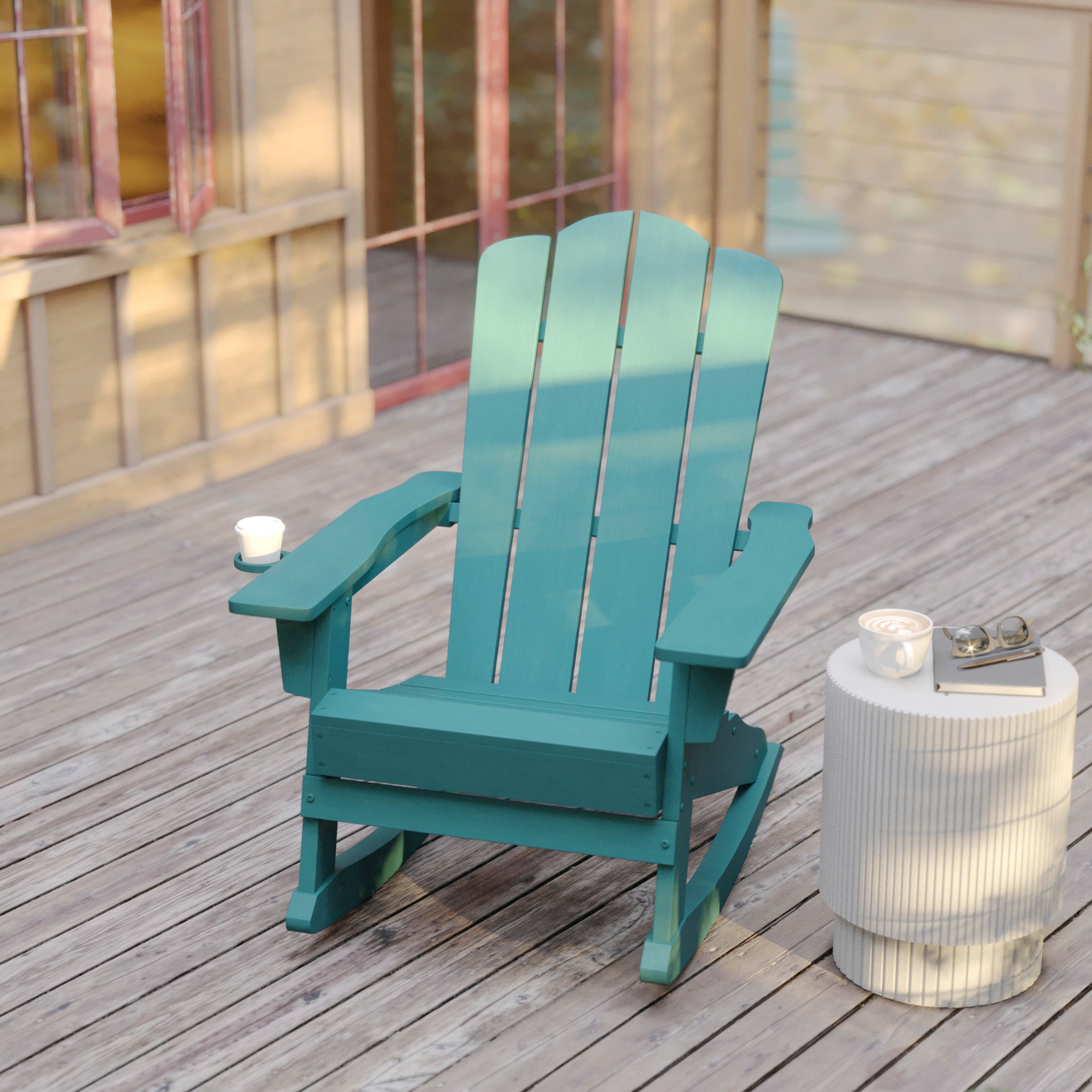 Newport Adirondack Rocking Chair with Cup Holder, Weather Resistant HDPE Adirondack Rocking Chair in Blue