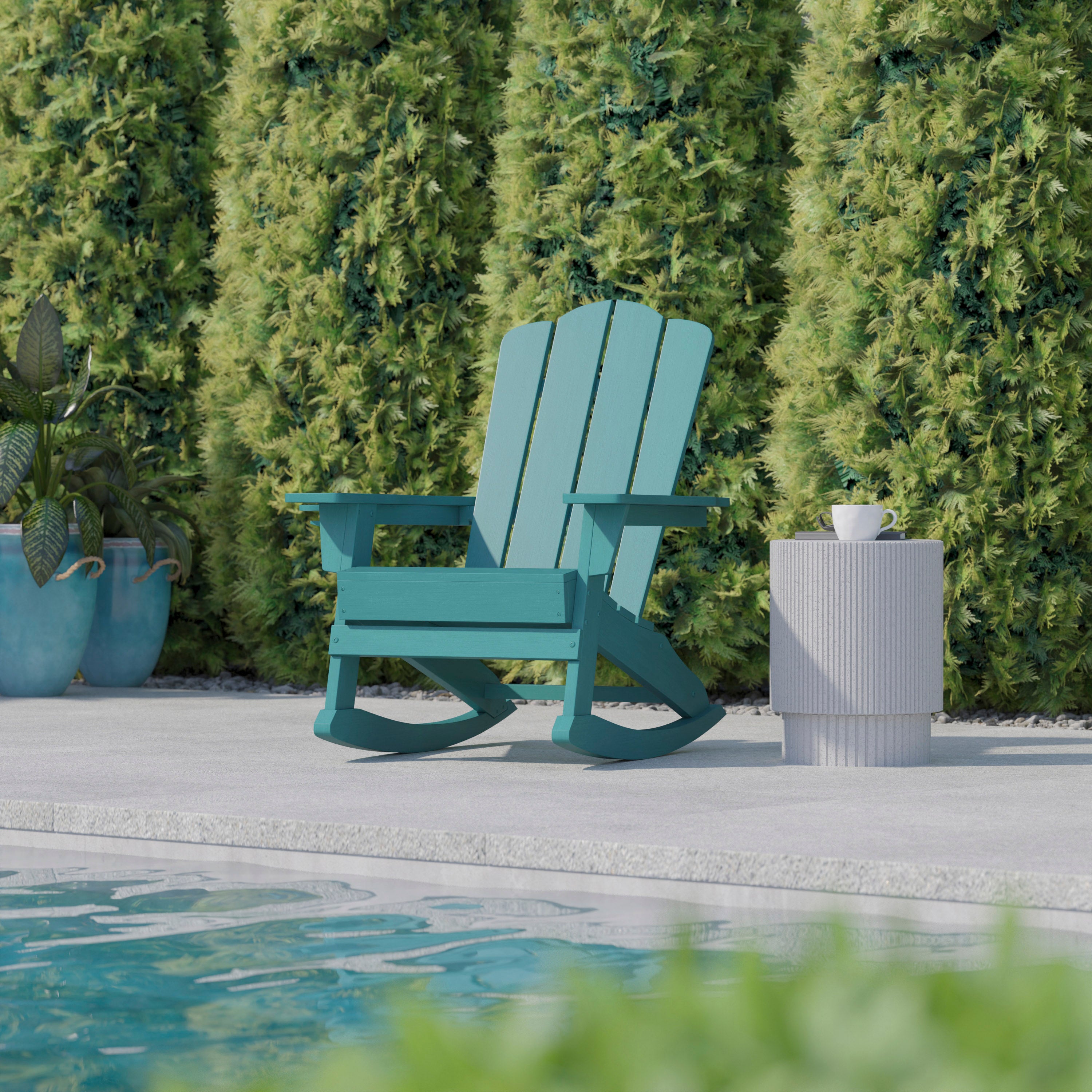 Newport Adirondack Rocking Chair with Cup Holder, Weather Resistant HDPE Adirondack Rocking Chair in Blue