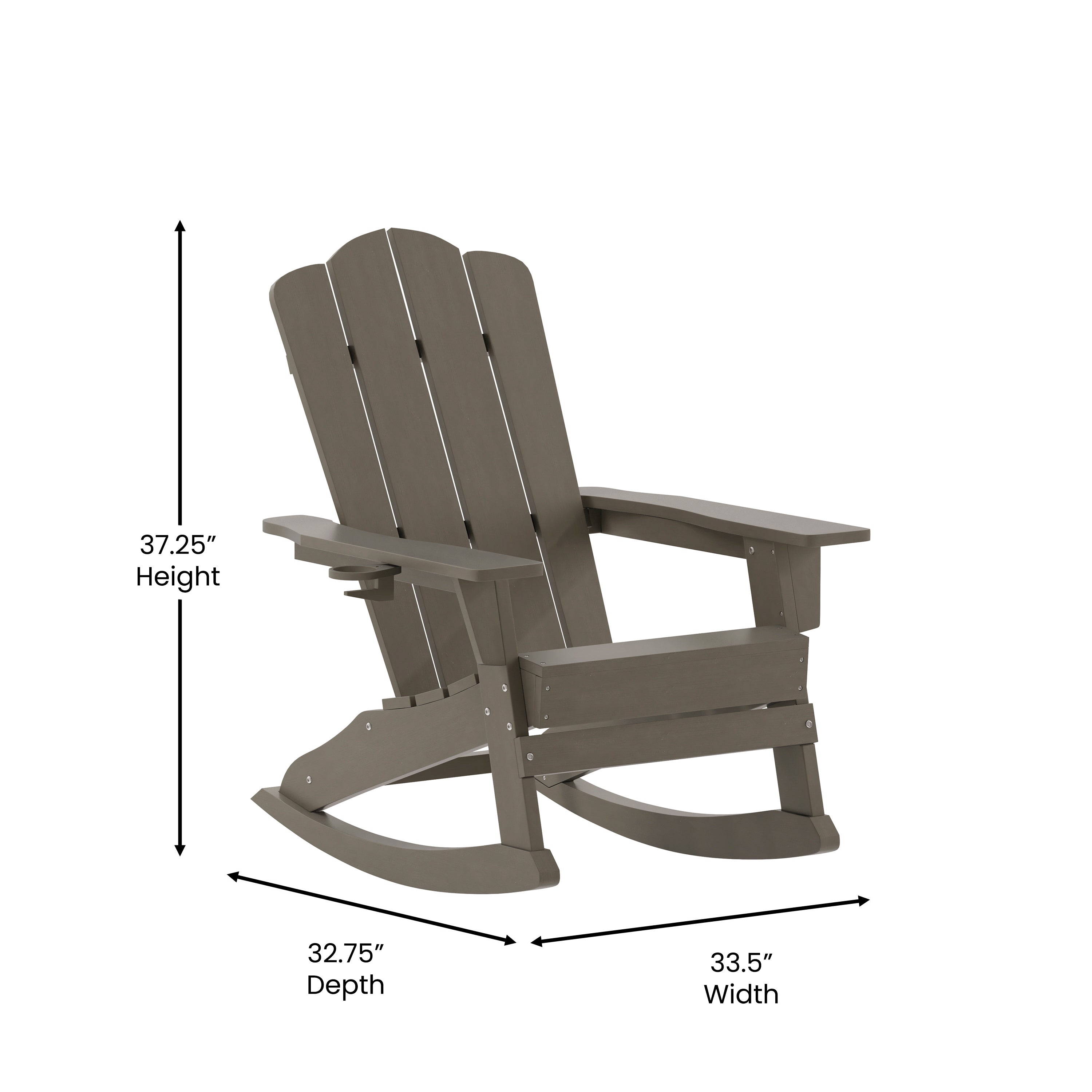 Newport Adirondack Rocking Chair with Cup Holder, Weather Resistant HDPE Adirondack Rocking Chair in Brown