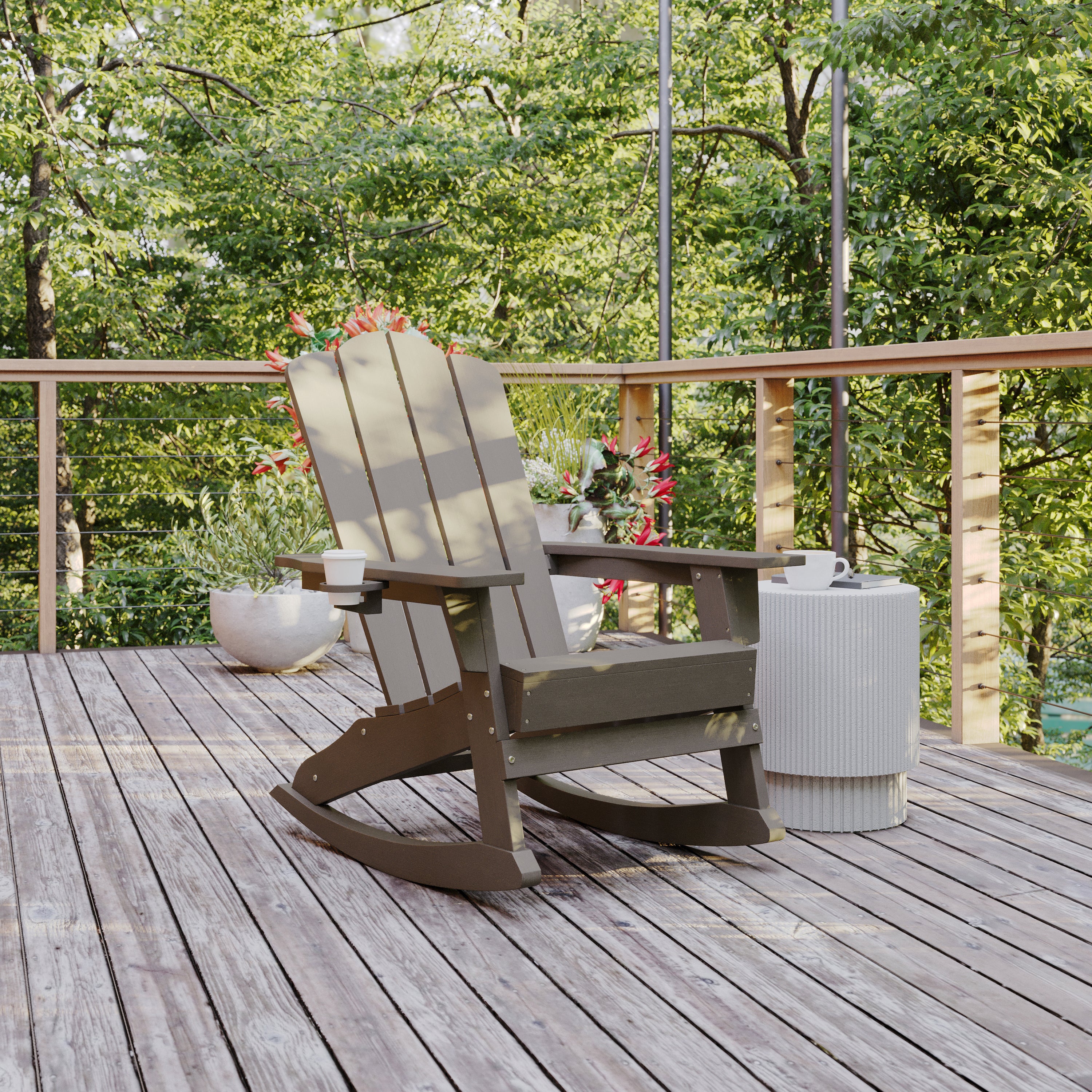 Newport Adirondack Rocking Chair with Cup Holder, Weather Resistant HDPE Adirondack Rocking Chair in Brown