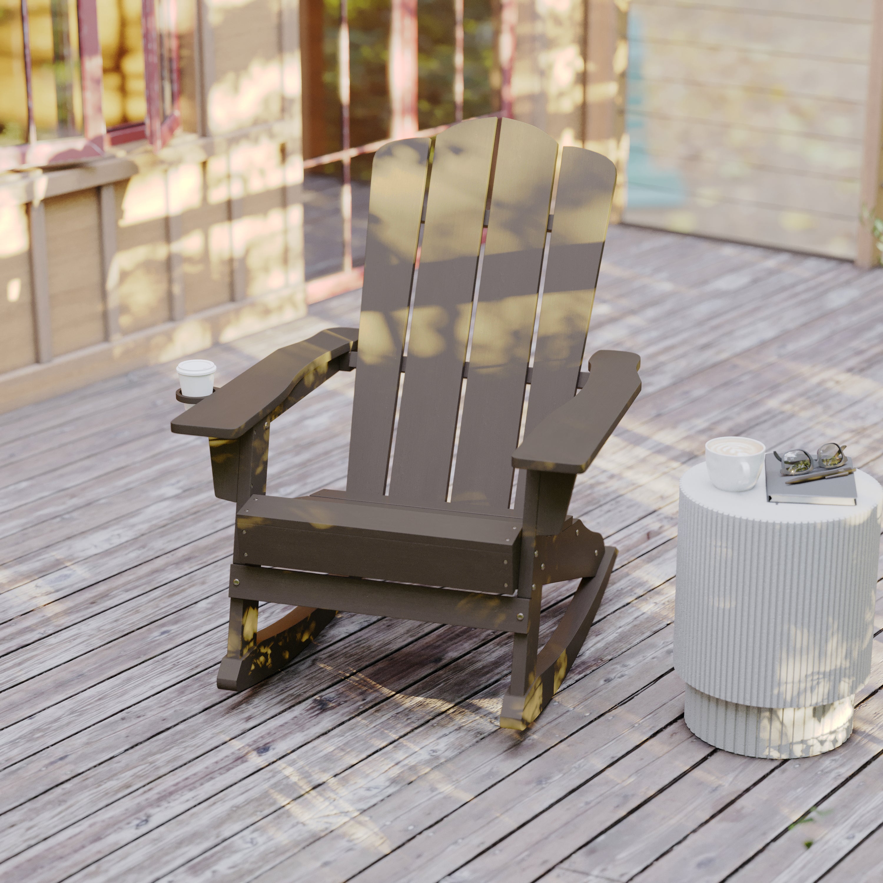 Newport Adirondack Rocking Chair with Cup Holder, Weather Resistant HDPE Adirondack Rocking Chair in Brown