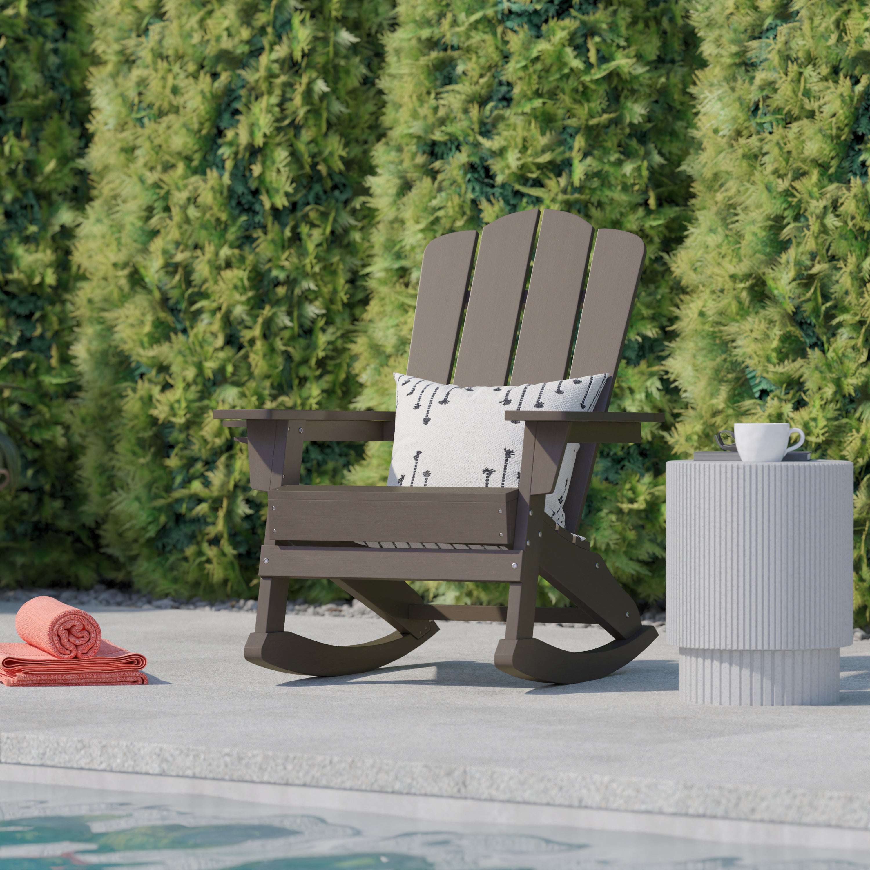 Newport Adirondack Rocking Chair with Cup Holder, Weather Resistant HDPE Adirondack Rocking Chair in Brown