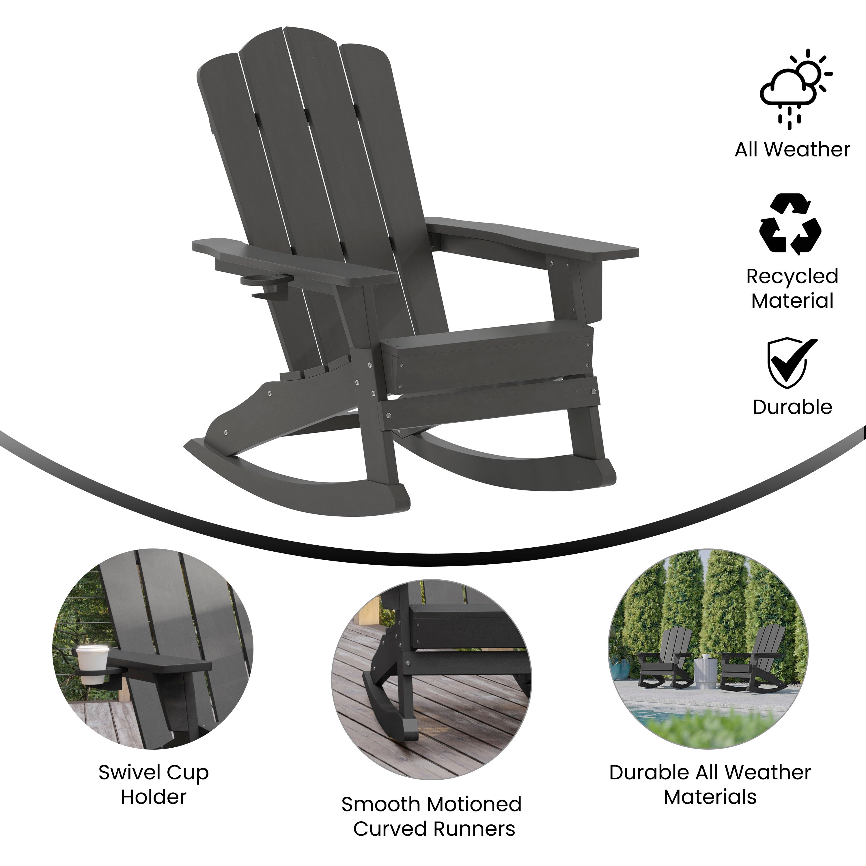 Newport Adirondack Rocking Chair with Cup Holder, Weather Resistant HDPE Adirondack Rocking Chair in Gray