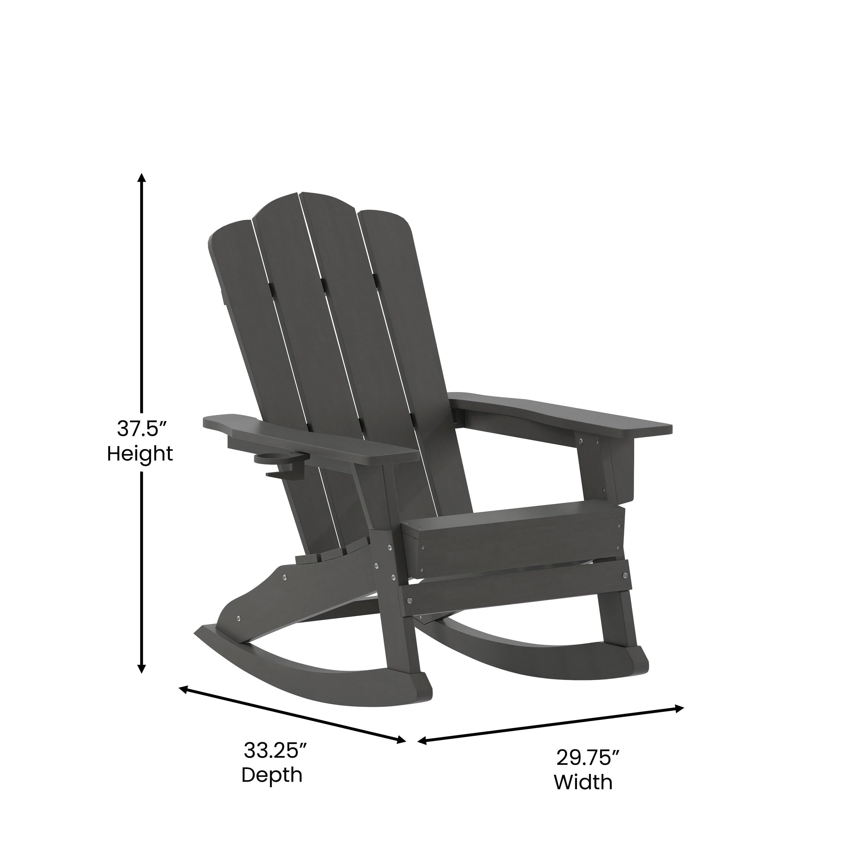 Newport Adirondack Rocking Chair with Cup Holder, Weather Resistant HDPE Adirondack Rocking Chair in Gray