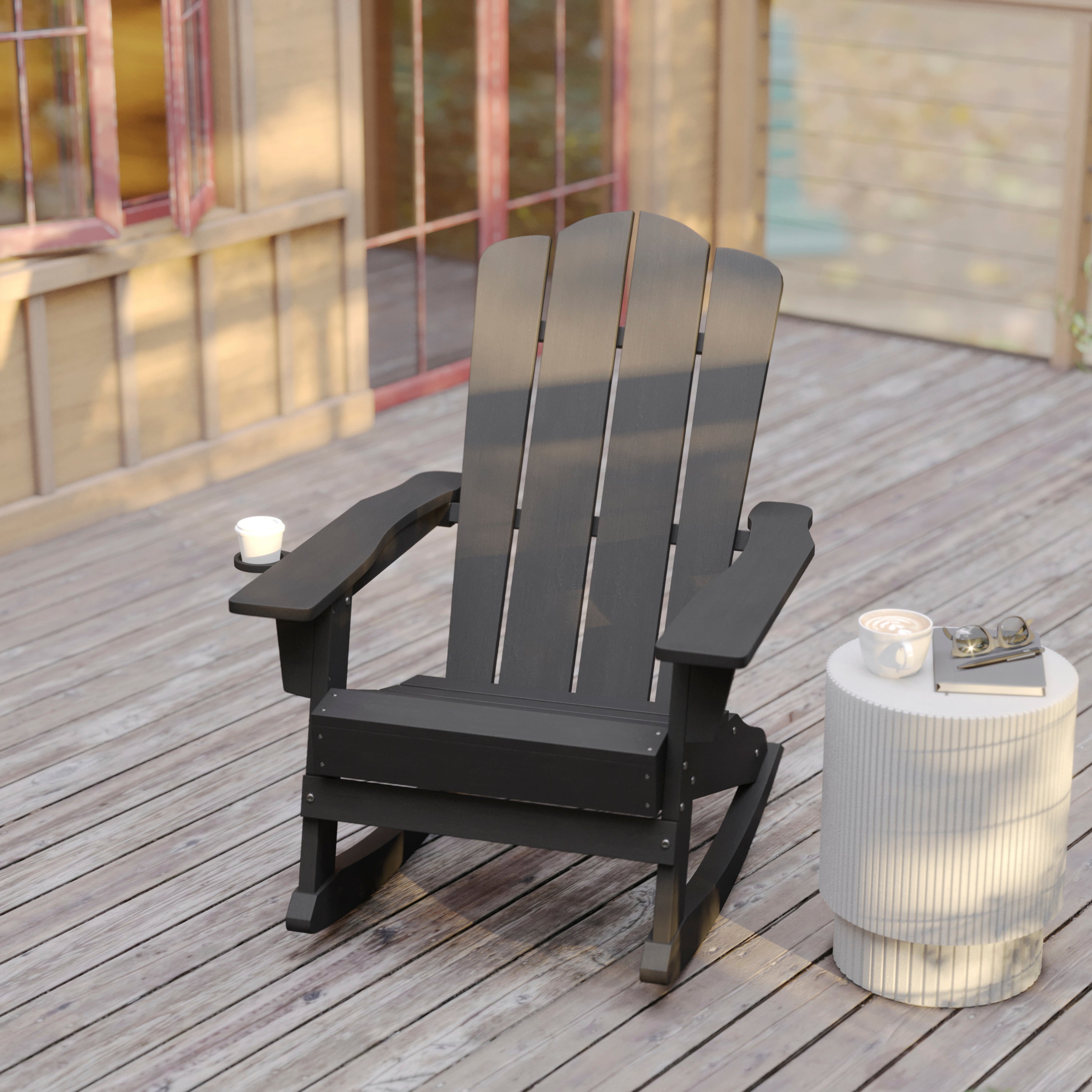 Newport Adirondack Rocking Chair with Cup Holder, Weather Resistant HDPE Adirondack Rocking Chair in Gray