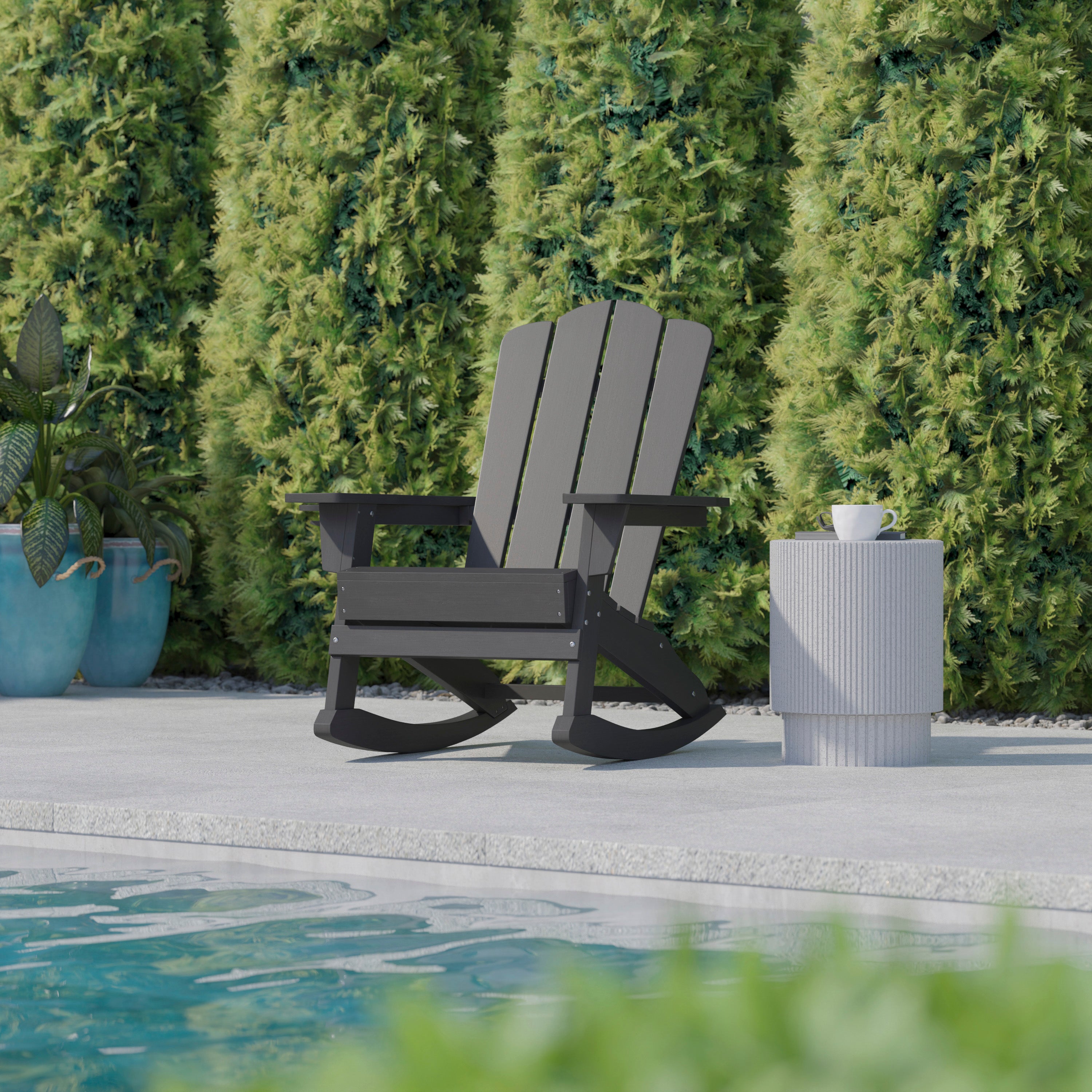 Newport Adirondack Rocking Chair with Cup Holder, Weather Resistant HDPE Adirondack Rocking Chair in Gray