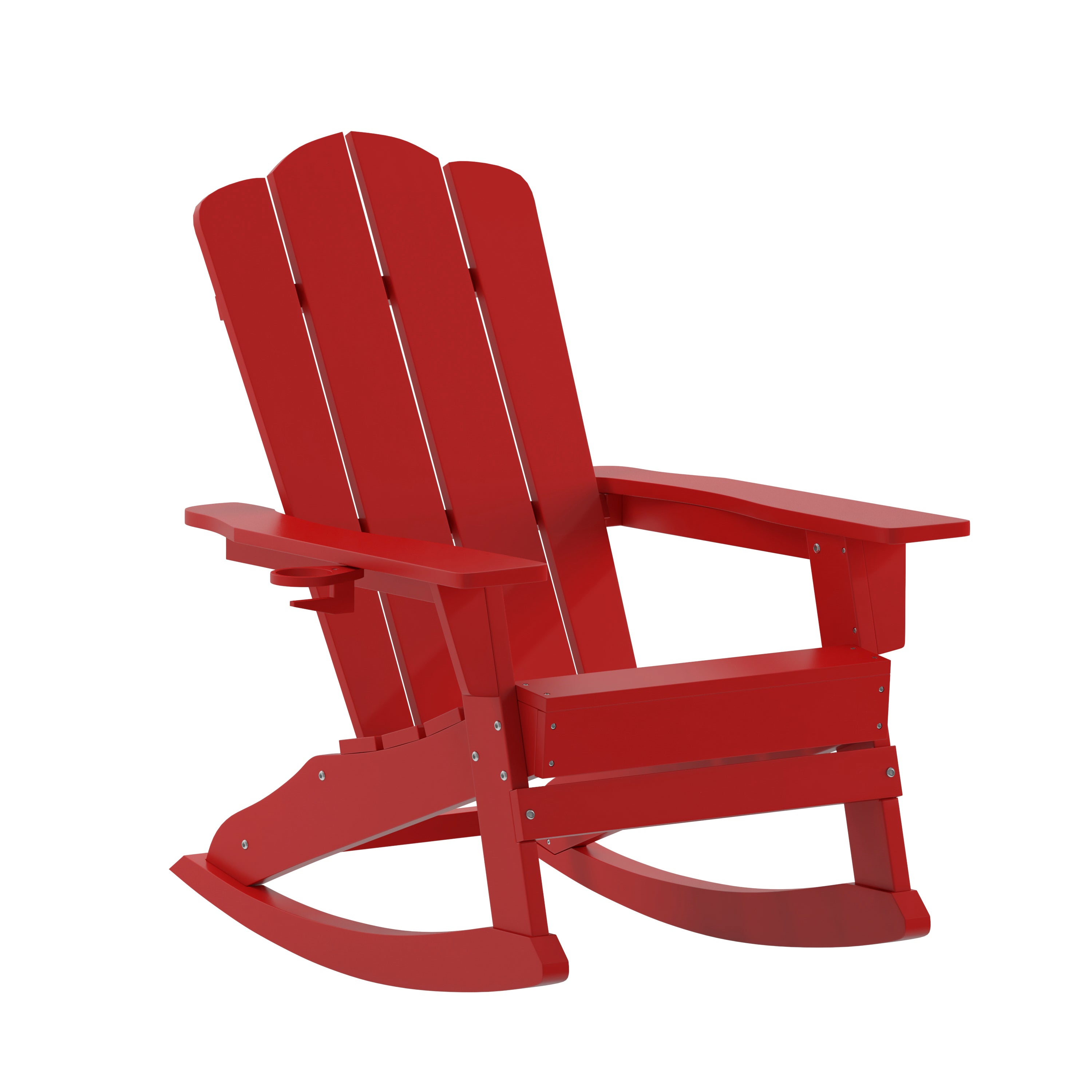 Newport Adirondack Rocking Chair with Cup Holder, Weather Resistant HDPE Adirondack Rocking Chair in Red